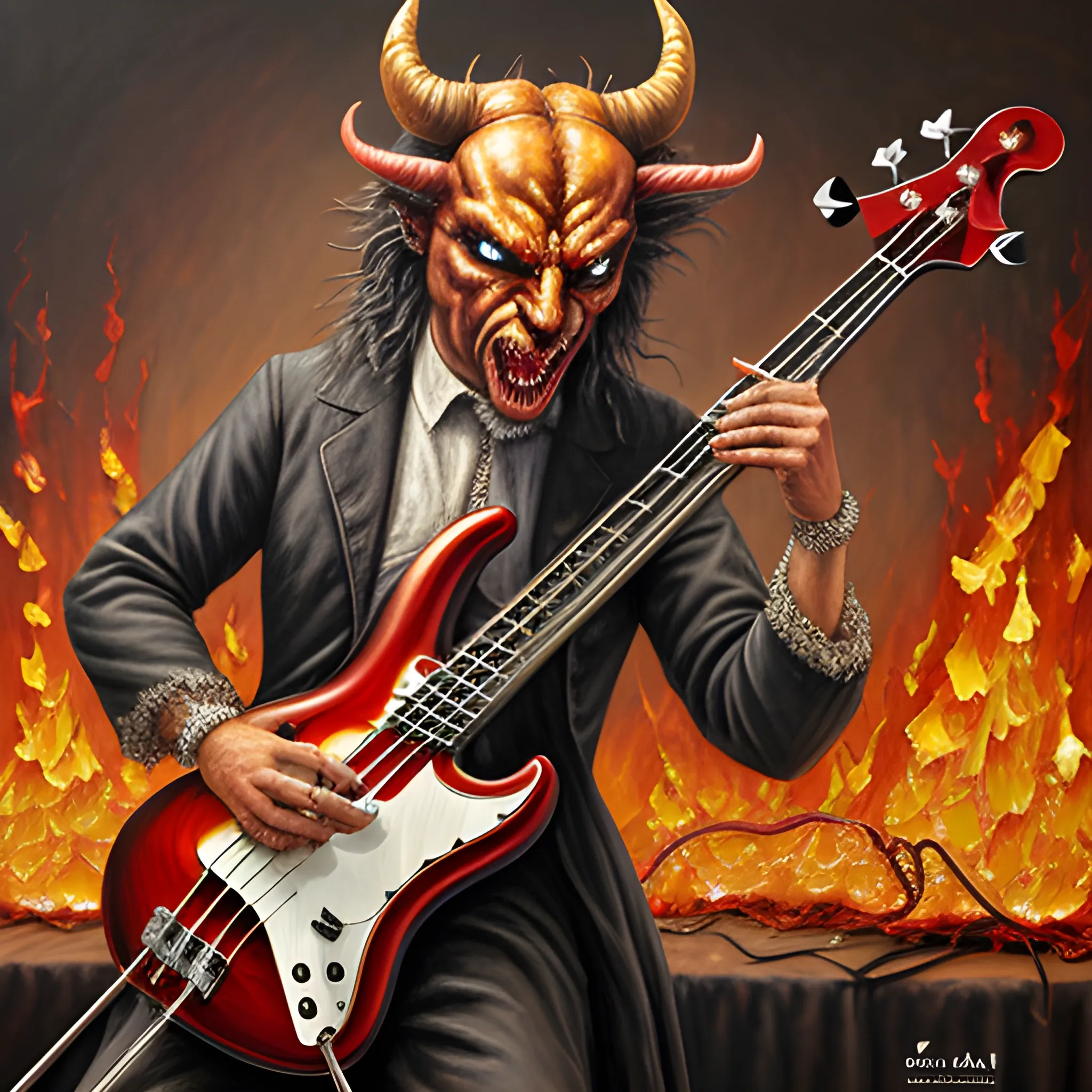 , Oil Painting,CREATE REALISTIC IMAGE OF A DEVIL PLAYING AN ELECTRIC BASS WITH FIVE STRINGS ON A FIRE STAGE