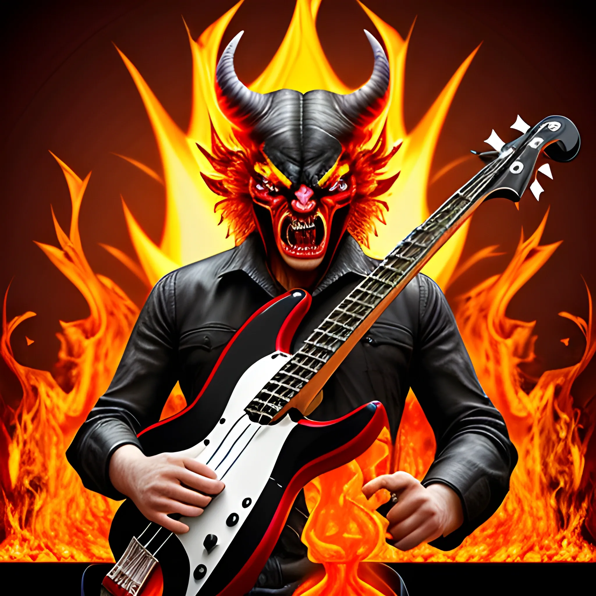 CREATE REALISTIC IMAGE DEVIL PLAYING AN ELECTRIC BASS WITH FIVE STRINGS ON A BURNING STAGE