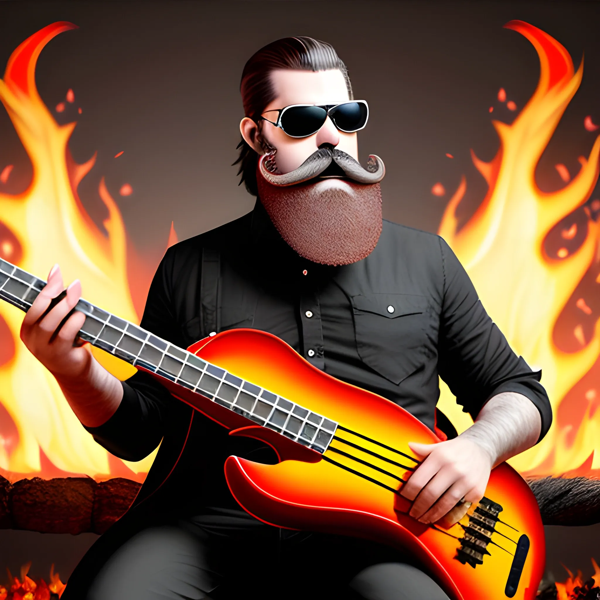 CREATE REALISTIC DEVIL IMAGE
 WITH SUNGLASSES, BEARD AND MUSTACHE PLAYING AN ELECTRIC BASS WITH FIVE STRINGS ON A FIRE STAGE