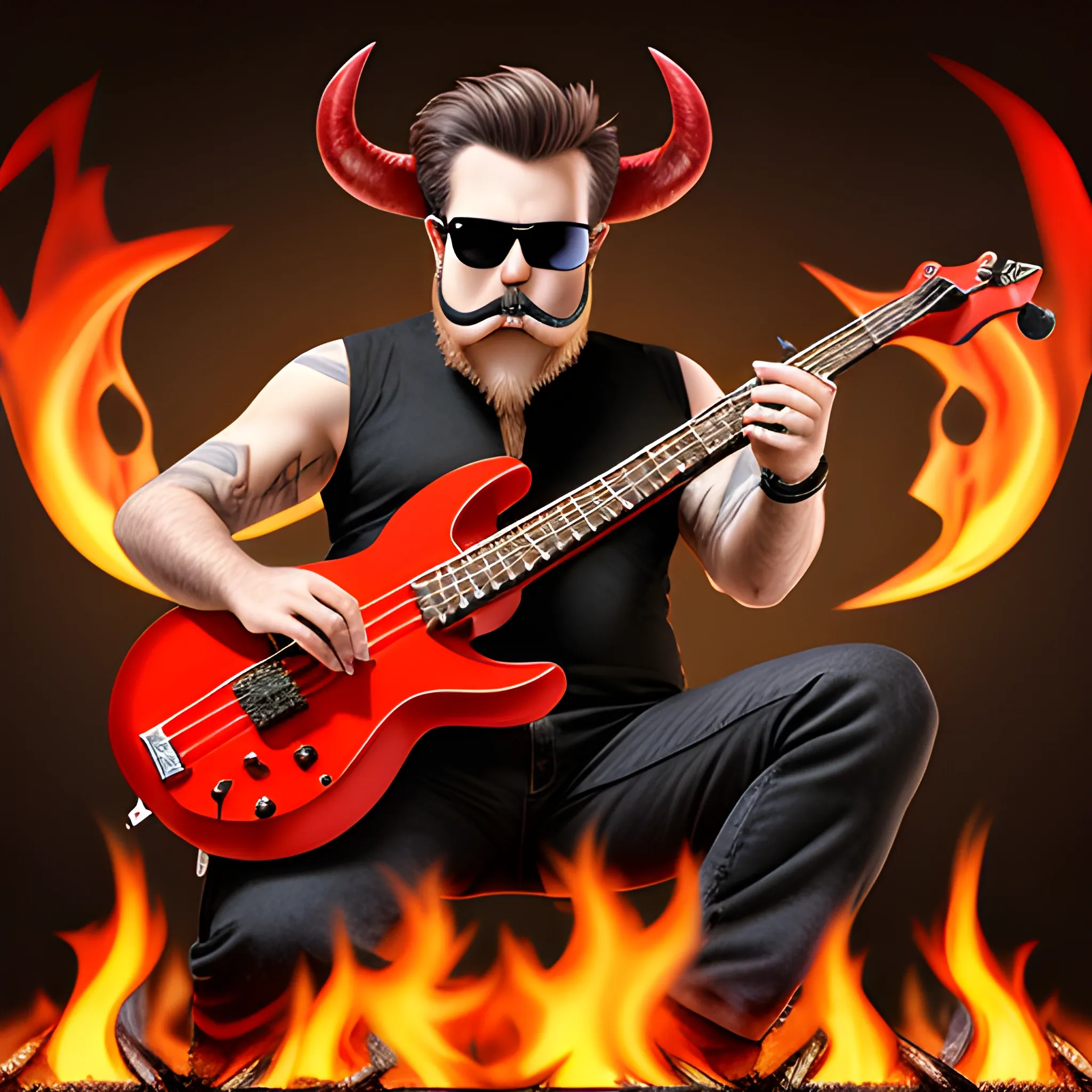 CREATE REALISTIC DEVIL IMAGE
 WITH SUNGLASSES SHORT BEARD AND MUSTACHE PLAYING AN ELECTRIC BASS WITH FIVE STRINGS ON A FIRE STAGE