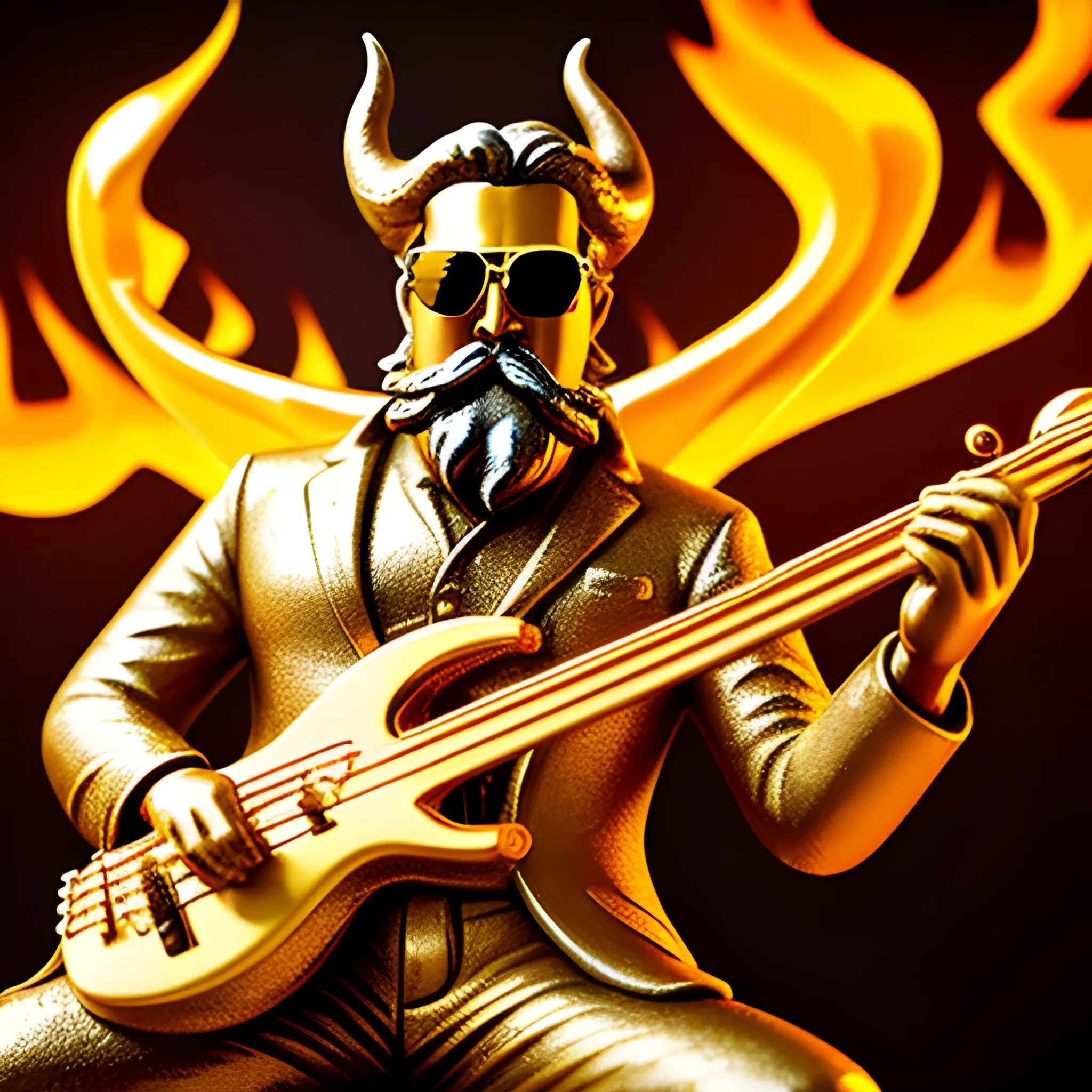 CREATE IMAGE OF GOLD STATUE OF A DEVIL
 WITH SUNGLASSES SHORT BEARD AND MUSTACHE PLAYING AN ELECTRIC BASS WITH FIVE STRINGS ON A FIRE STAGE