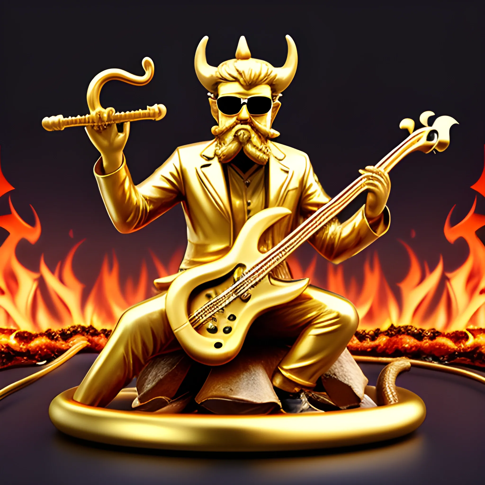 CREATE IMAGE OF GOLD STATUE OF A DEVIL
 WITH SUNGLASSES SHORT BEARD AND MUSTACHE PLAYING AN ELECTRIC BASS WITH FIVE STRINGS ON A FIRE STAGE