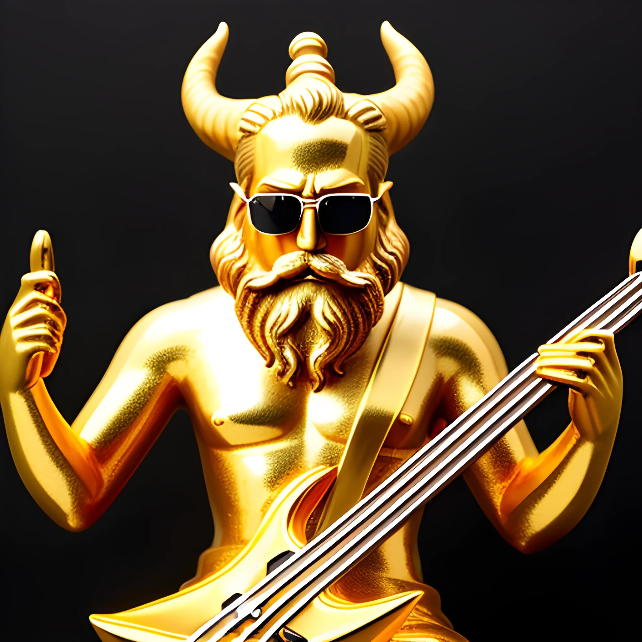 CREATE IMAGE OF GOLD STATUE OF A DEVIL
 WITH SUNGLASSES, SMALL BEARD AND SHORT MUSTACHE PLAYING AN ELECTRIC BASS WITH FIVE STRINGS ON A FIRE STAGE