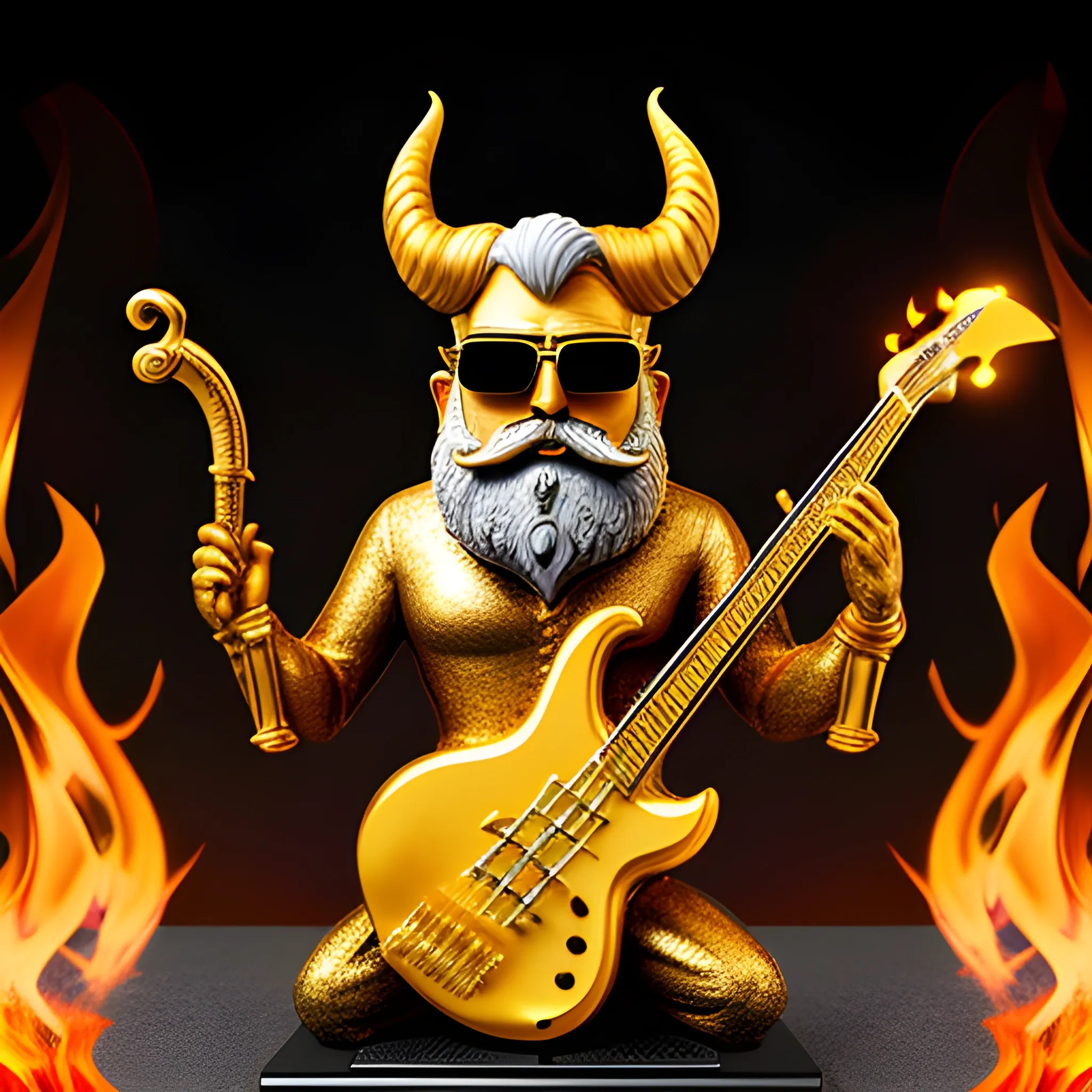 CREATE IMAGE OF GOLD STATUE OF A DEVIL
 WITH SUNGLASSES, SMALL BEARD AND SHORT MUSTACHE PLAYING AN ELECTRIC BASS WITH FIVE STRINGS ON A FIRE STAGE