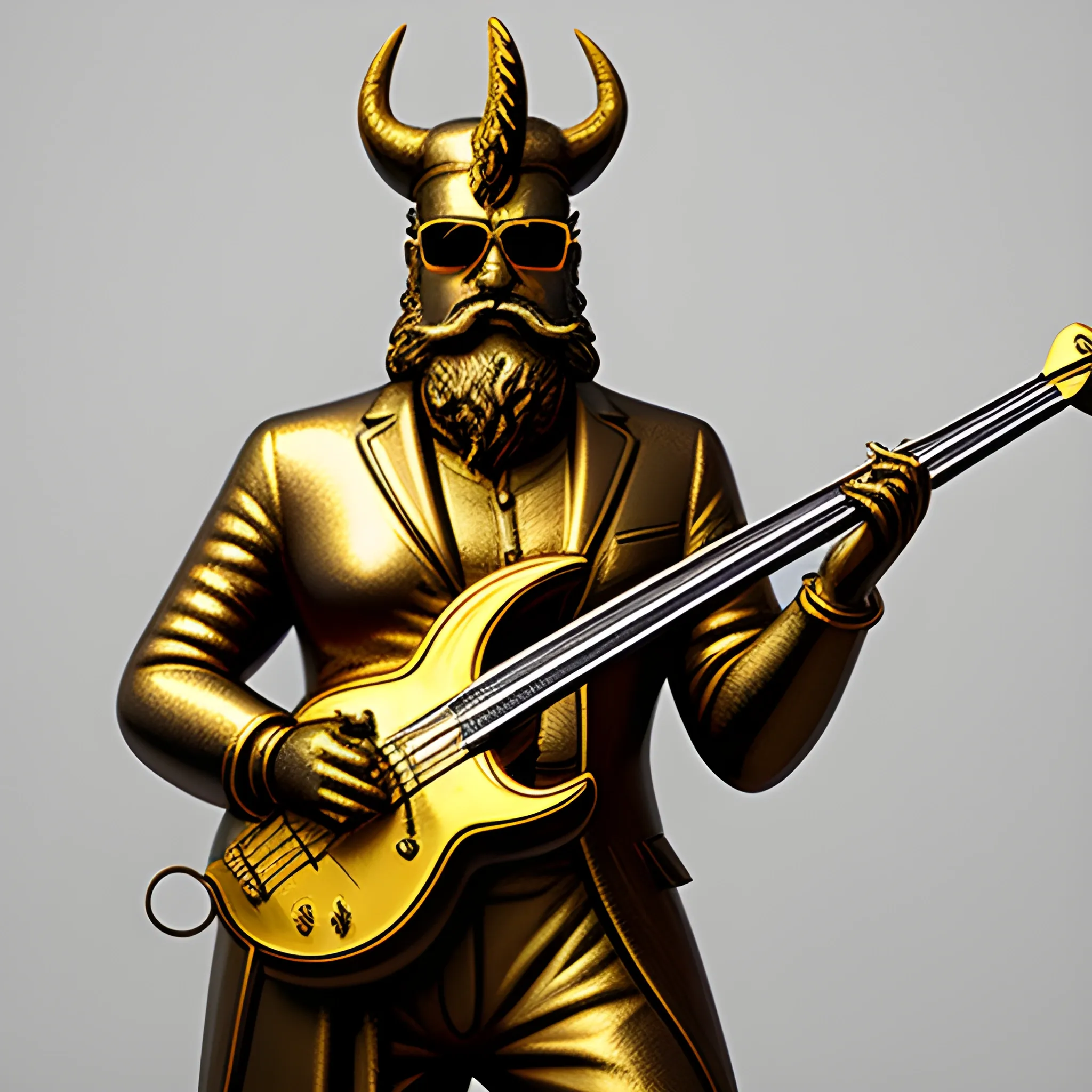 CREATE IMAGE OF GOLD STATUE OF A DEVIL
 WITH SUNGLASSES, SMALL BEARD AND SHORT MUSTACHE PLAYING AN ELECTRIC BASS WITH FIVE STRINGS ON A FIRE STAGE, Pencil Sketch