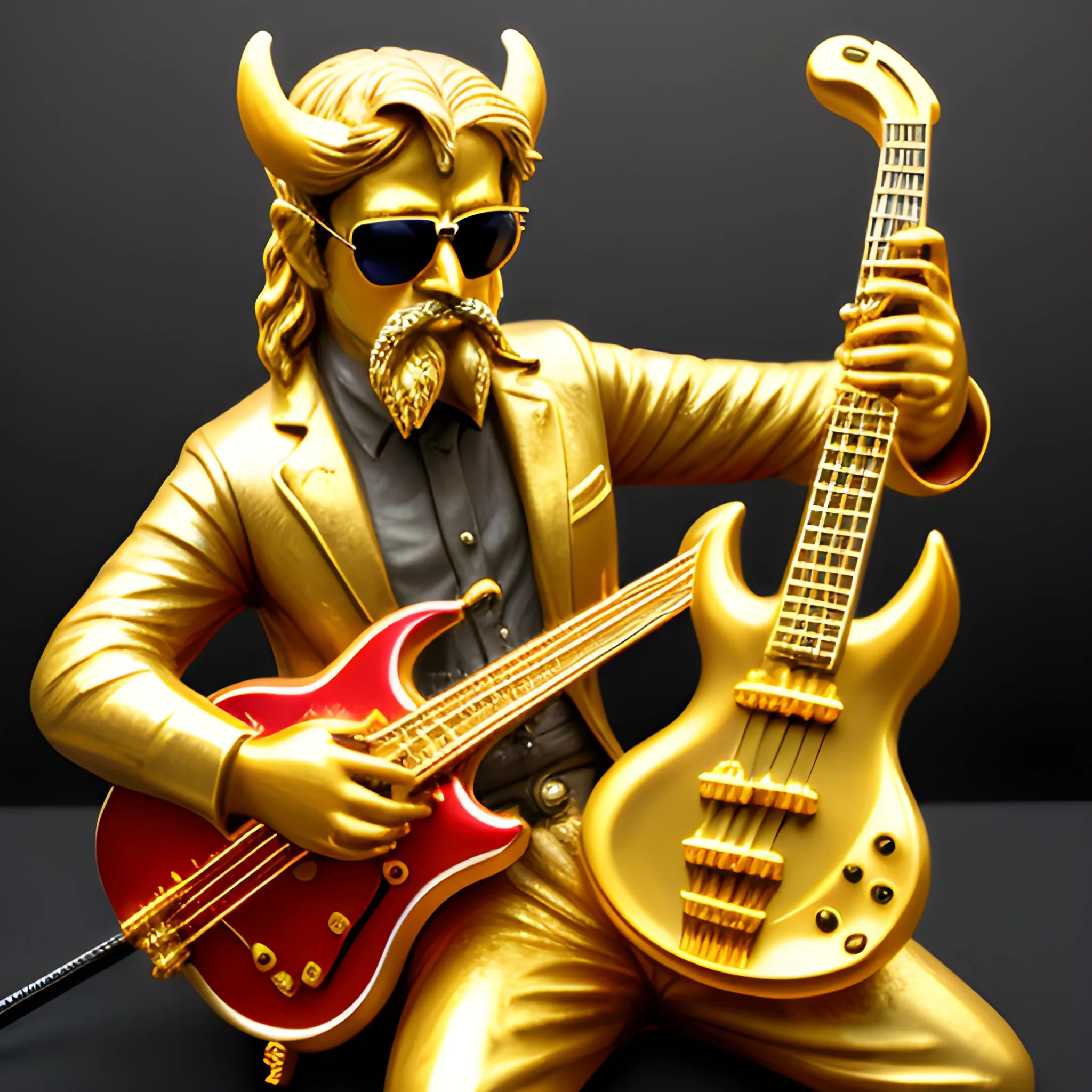 CREATE IMAGE OF GOLD STATUE OF A DEVIL
 WITH SUNGLASSES, SHORT MUSTACHE, PLAYING AN ELECTRIC BASS WITH FIVE STRINGS ON A FIRE STAGE