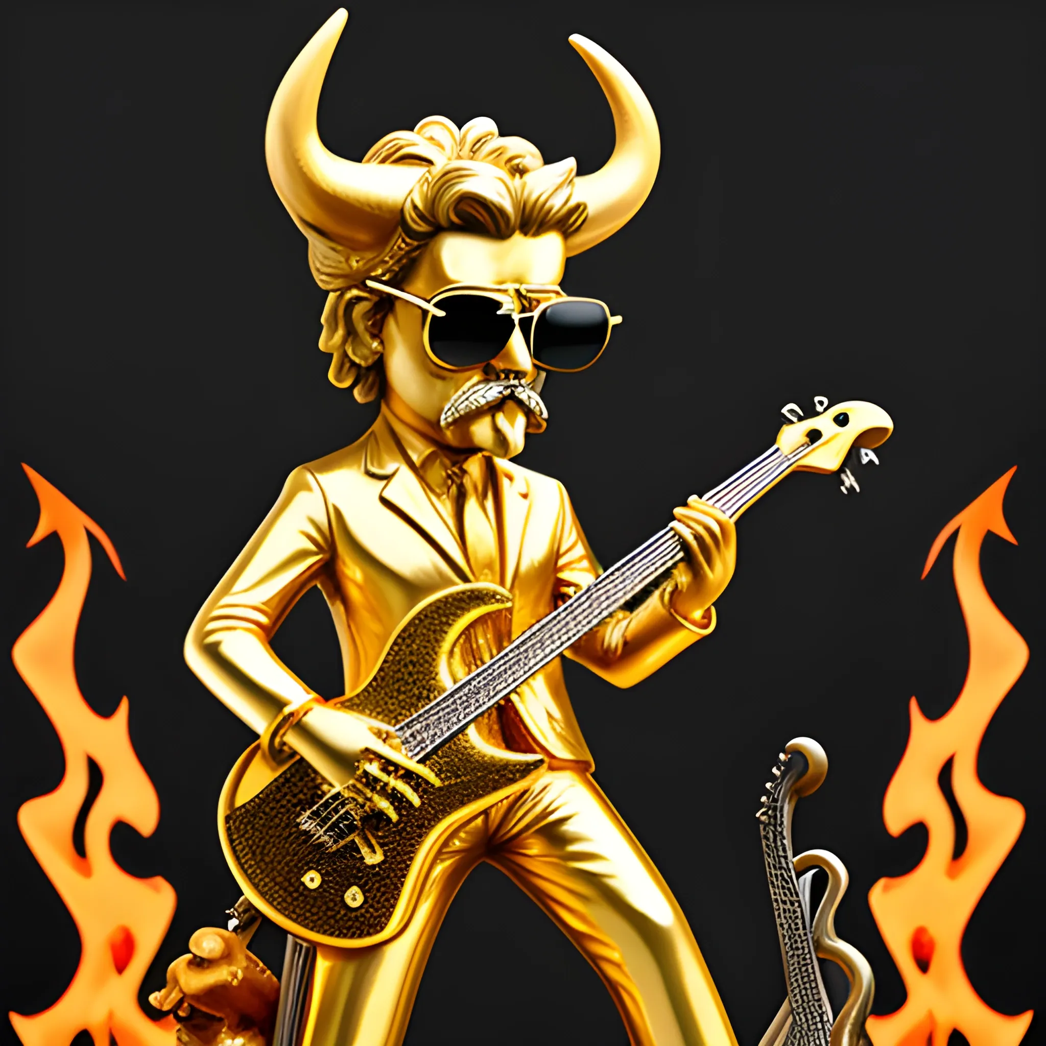 CREATE IMAGE OF GOLD STATUE OF A DEVIL
 WITH SUNGLASSES, SHORT MUSTACHE, PLAYING AN ELECTRIC BASS WITH FIVE STRINGS ON A FIRE STAGE