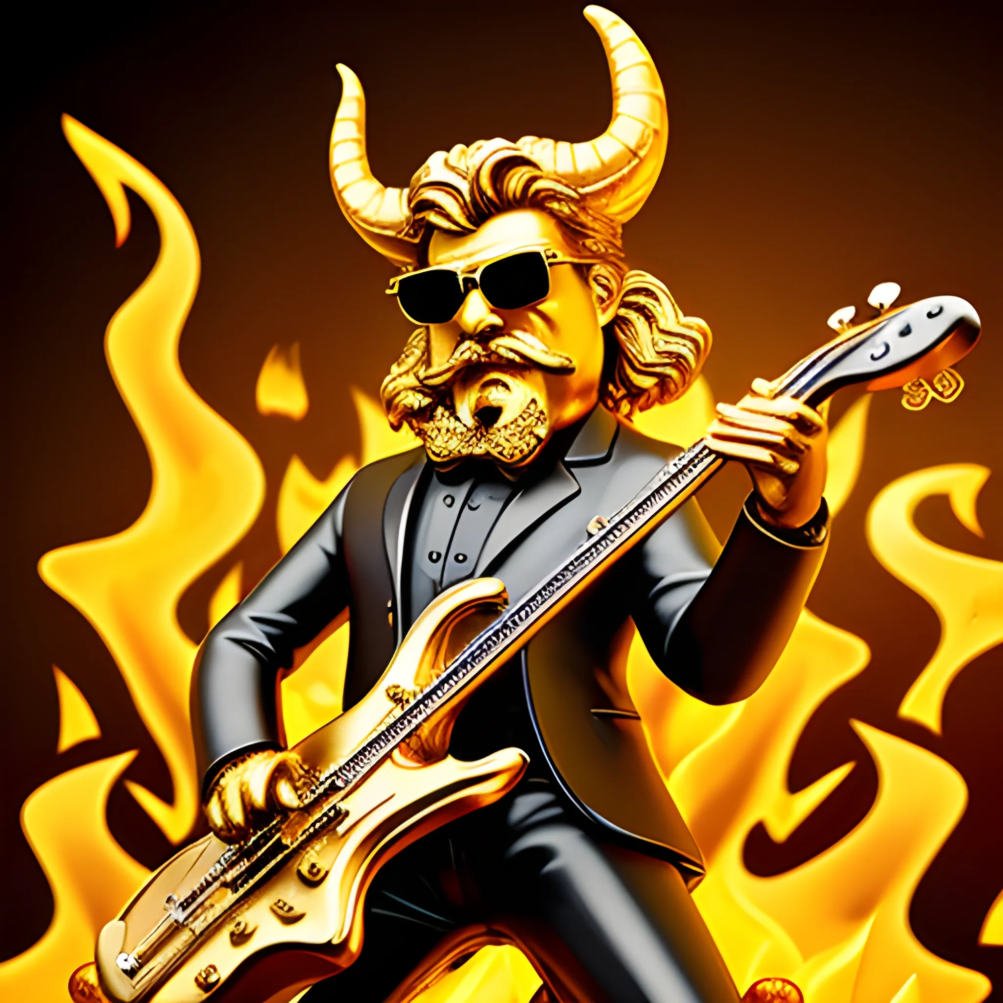 CREATE IMAGE OF GOLD STATUE OF A DEVIL
 WITH SUNGLASSES, SHORT MUSTACHE, PLAYING AN ELECTRIC BASS WITH FIVE STRINGS ON A FIRE STAGE