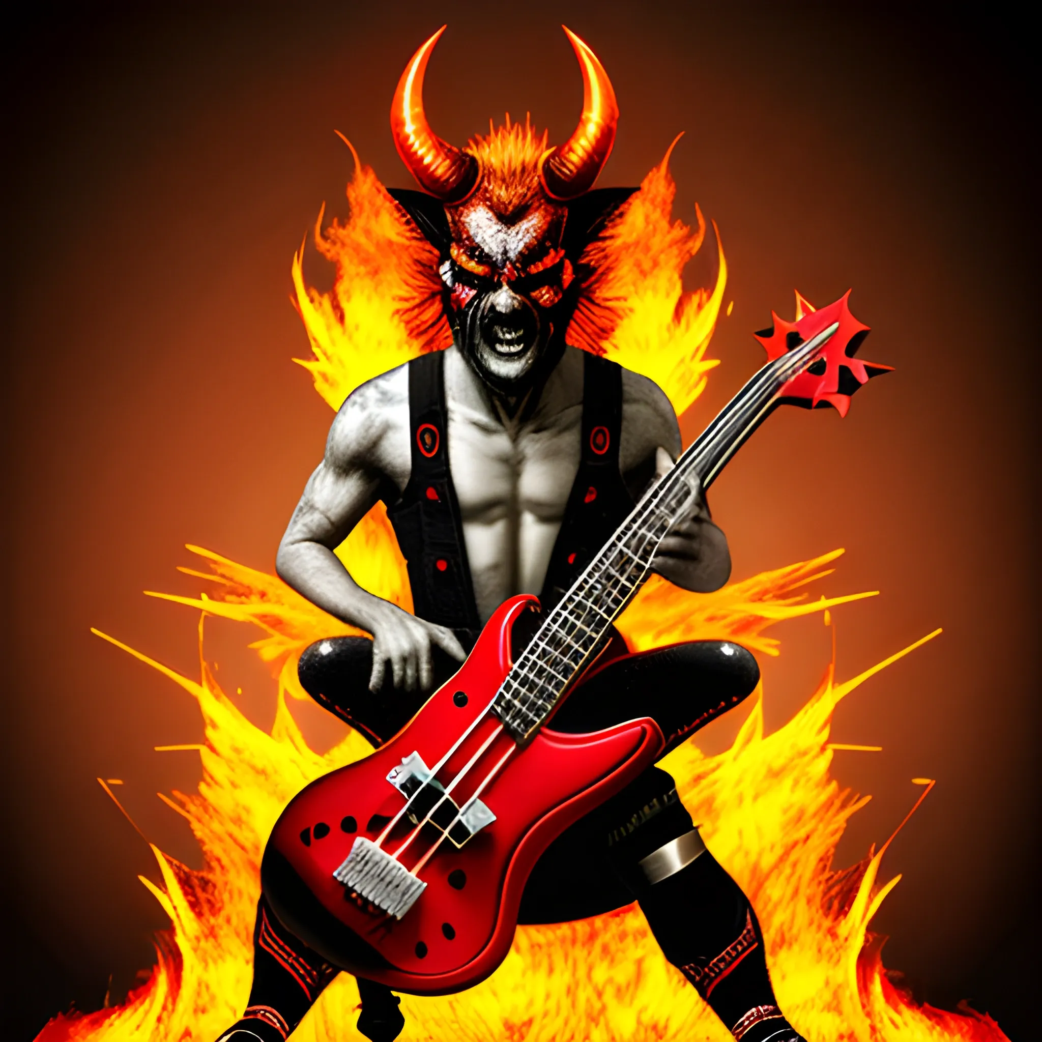 CREATE IMAGE OF A DEVIL PLAYING AN ELECTRIC BASS WITH FIVE STRINGS ON A BURNING STAGE SURROUNDED BY WOMEN