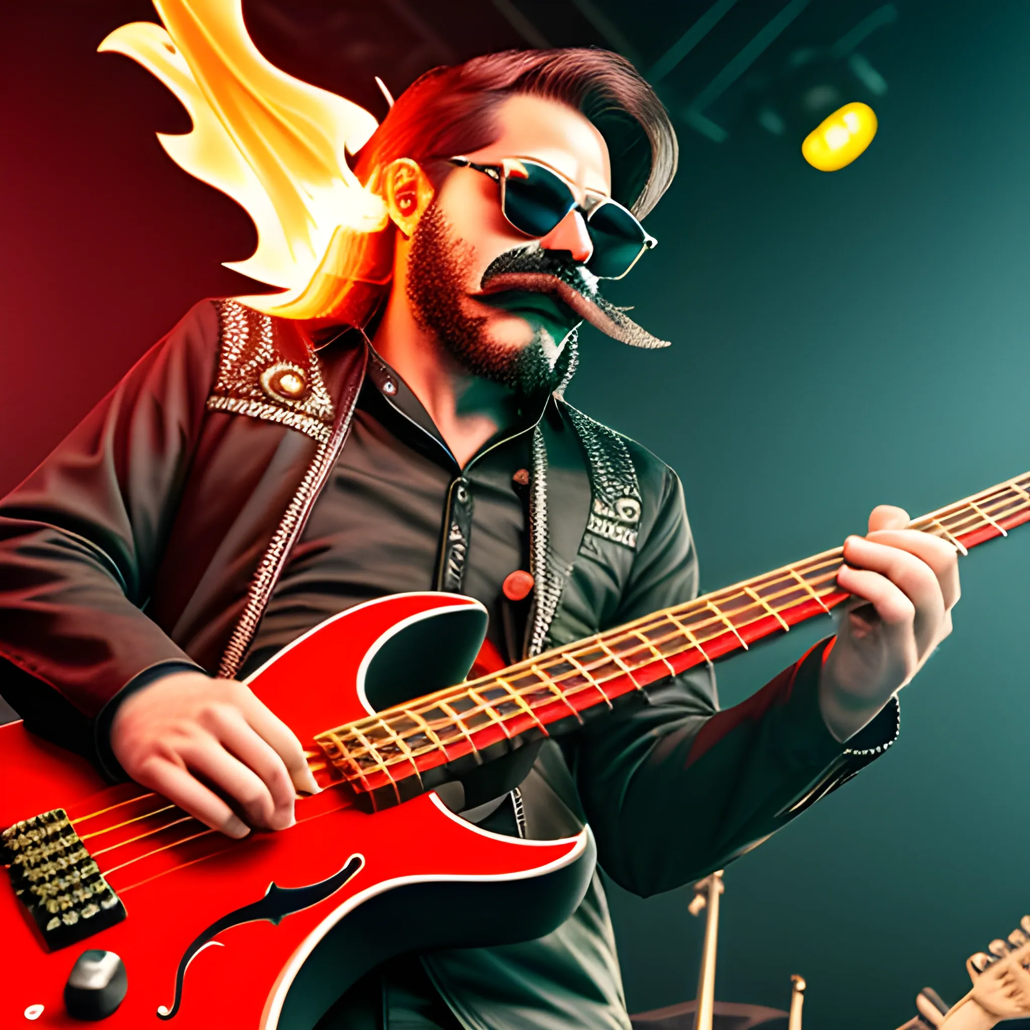 DEVIL WITH A MUSTACHE AND SUNGLASSES PLAYING AN ELECTRIC BASS WITH FIVE STRINGS ON A STAGE WITH FIRE