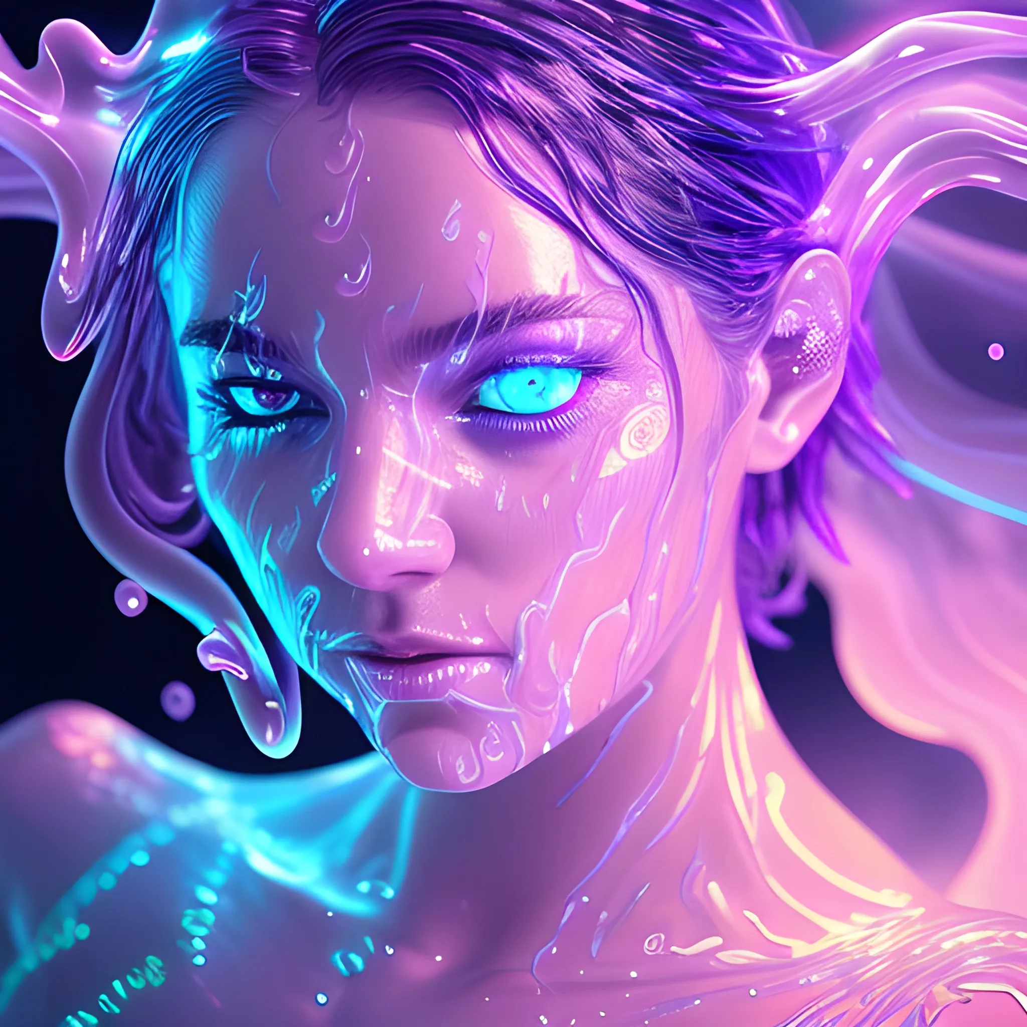 flow of water around the body, Detailed water fluid with neonlights, body, translucent, purple lightning and Smoke that looks like transparent face, amazingly fluid smoke, very cute, intricate detailed, light particles, neon colors, detailed face, detailed eyes