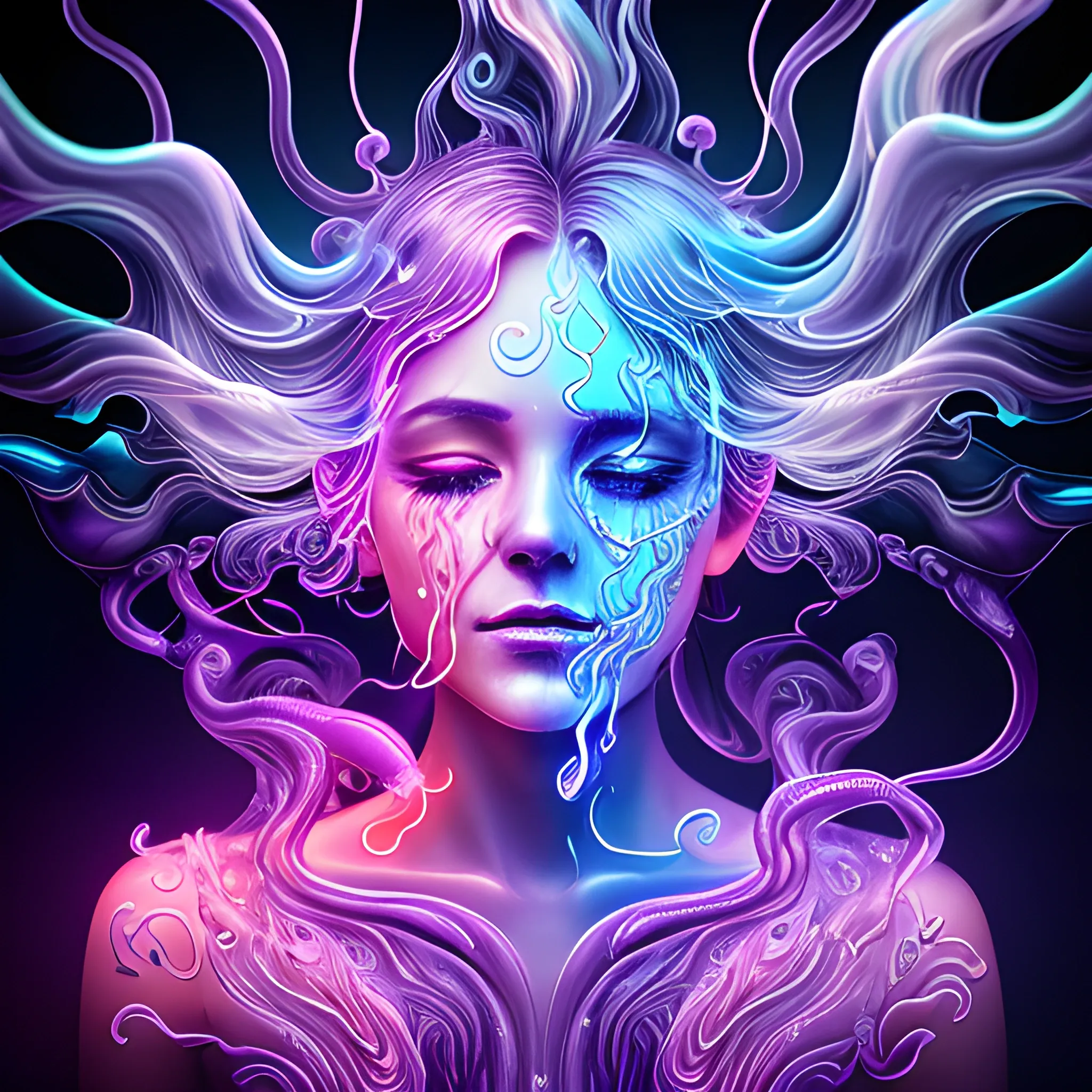flow of words around the body, Detailed wording fluid with neonlights, body, translucent, purple lightning and Smoke that looks like transparent face, amazingly fluid smoke, very cute, intricate detailed, light particles, neon colors, detailed face, detailed eyes