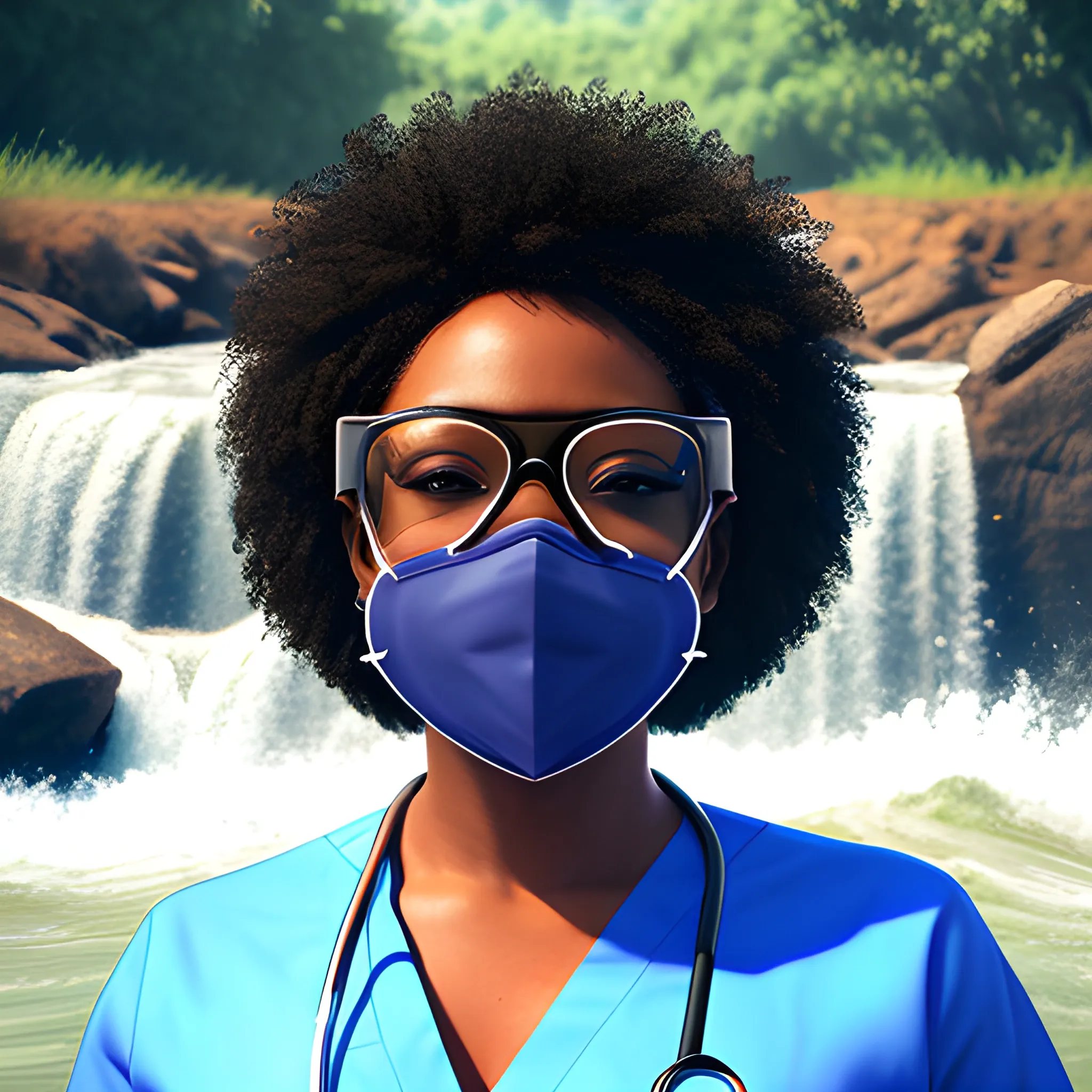 Beautiful African-American nurse in front of water flow with safety mask on and cool glasses , 3D