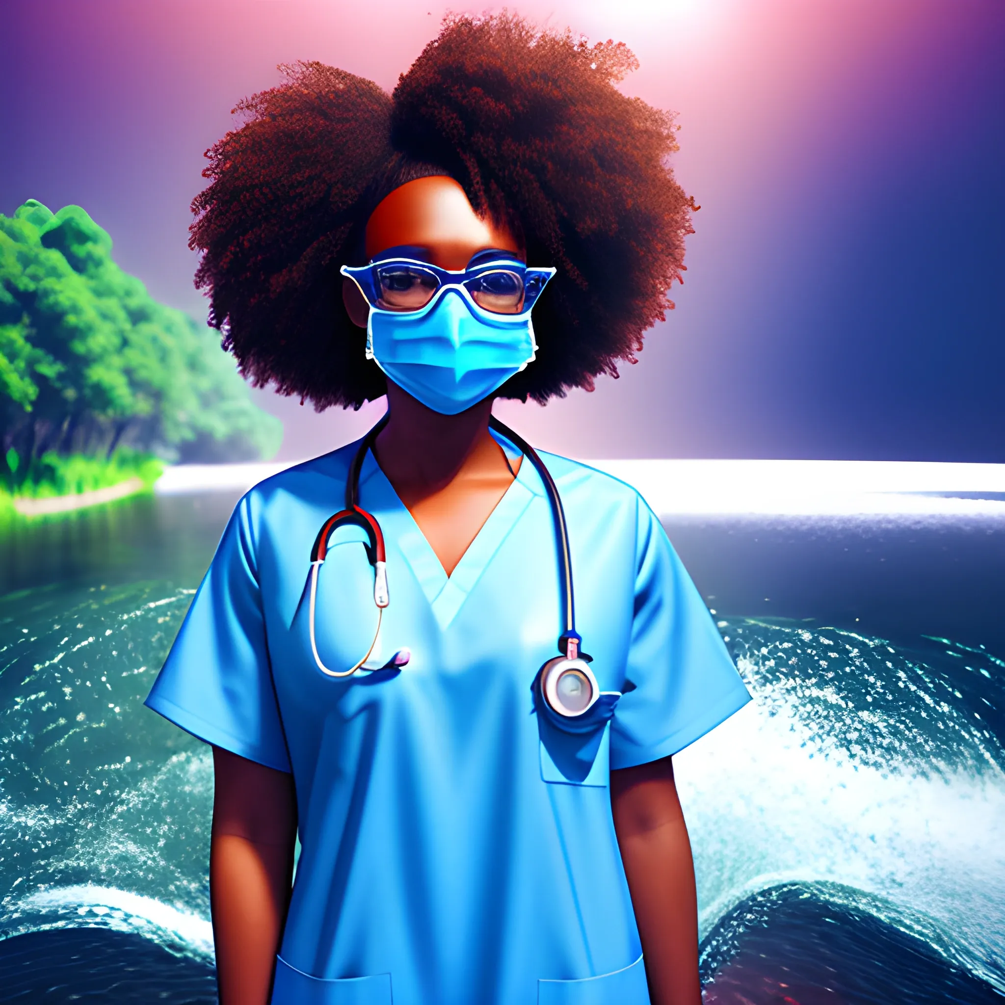 Beautiful African-American nurse in front of water flow with safety mask on and cool glasses , 3D, Trippy