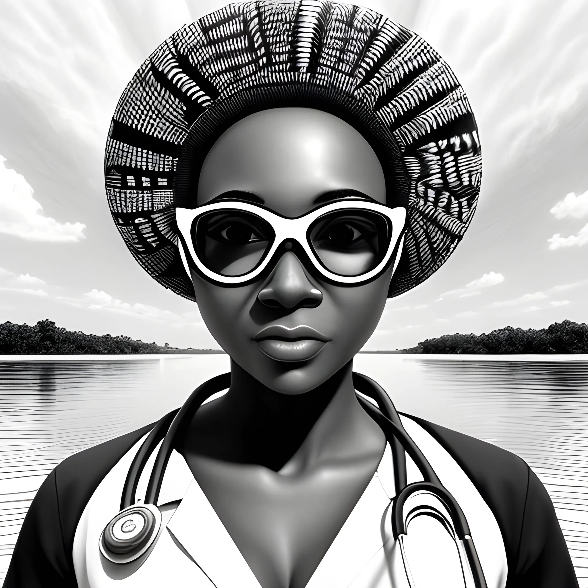 Black and white picture Beautiful African-American nurse in front of water flow with safety mask on and cool glasses , 3D, Trippy, Pencil Sketch