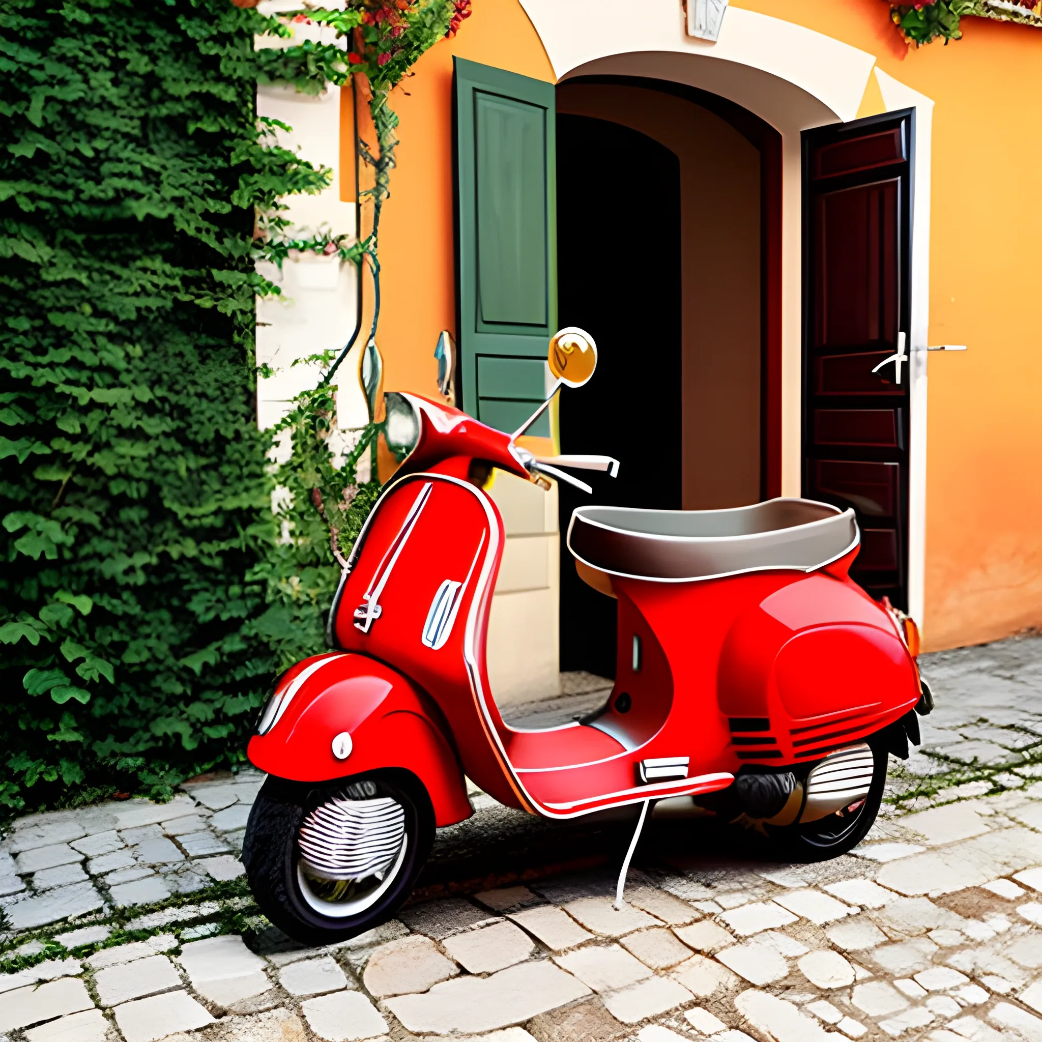 "It's a picturesque Italian villa with a lively red Vespa parked outside."