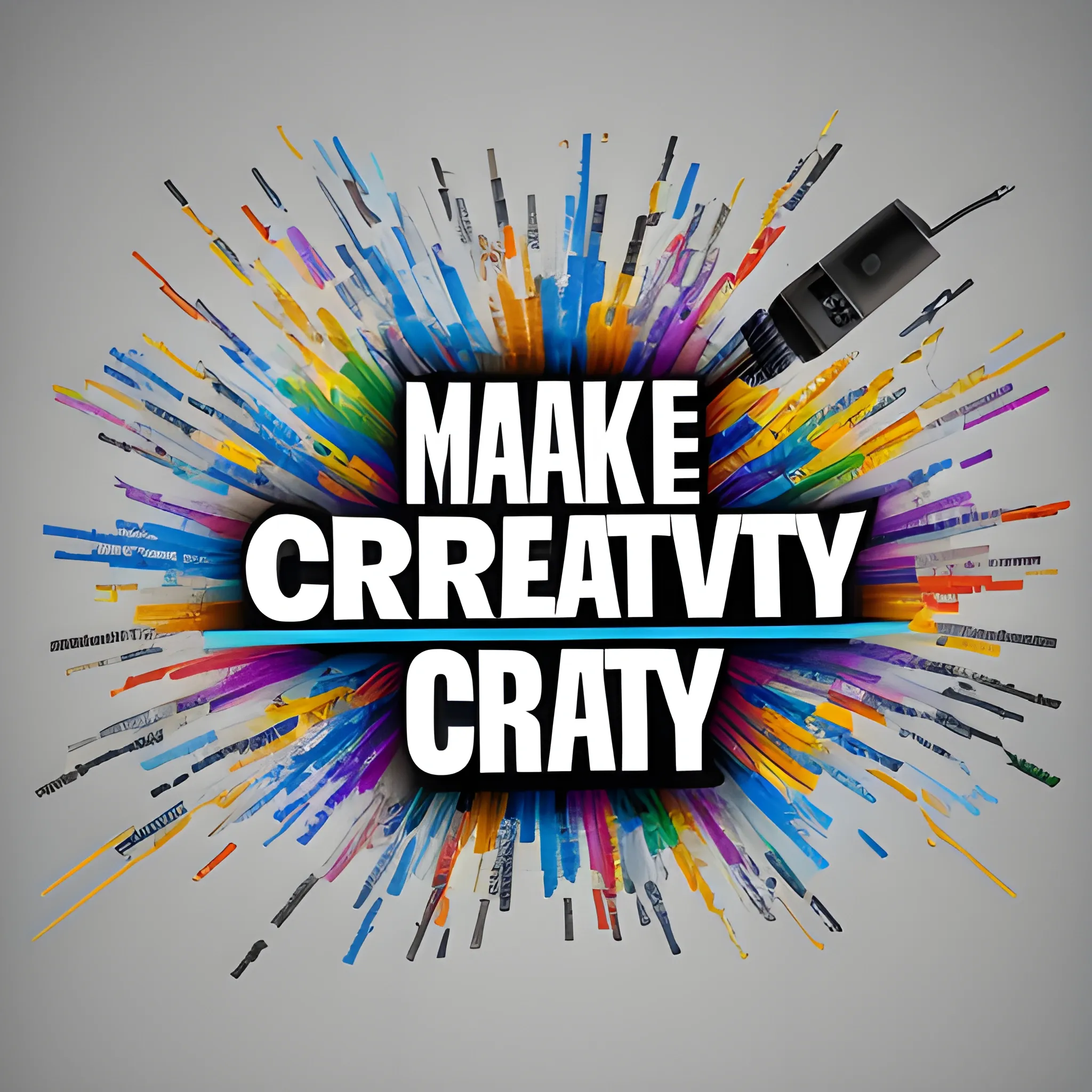 make the word CREATIVITY in huge bold font mixing different Design elements and tools, include: spray cans, computer mouse, cables, projectors, speakers, hyper-realistic, 8k, highly detailed, global illumination, with drop shadow over white background