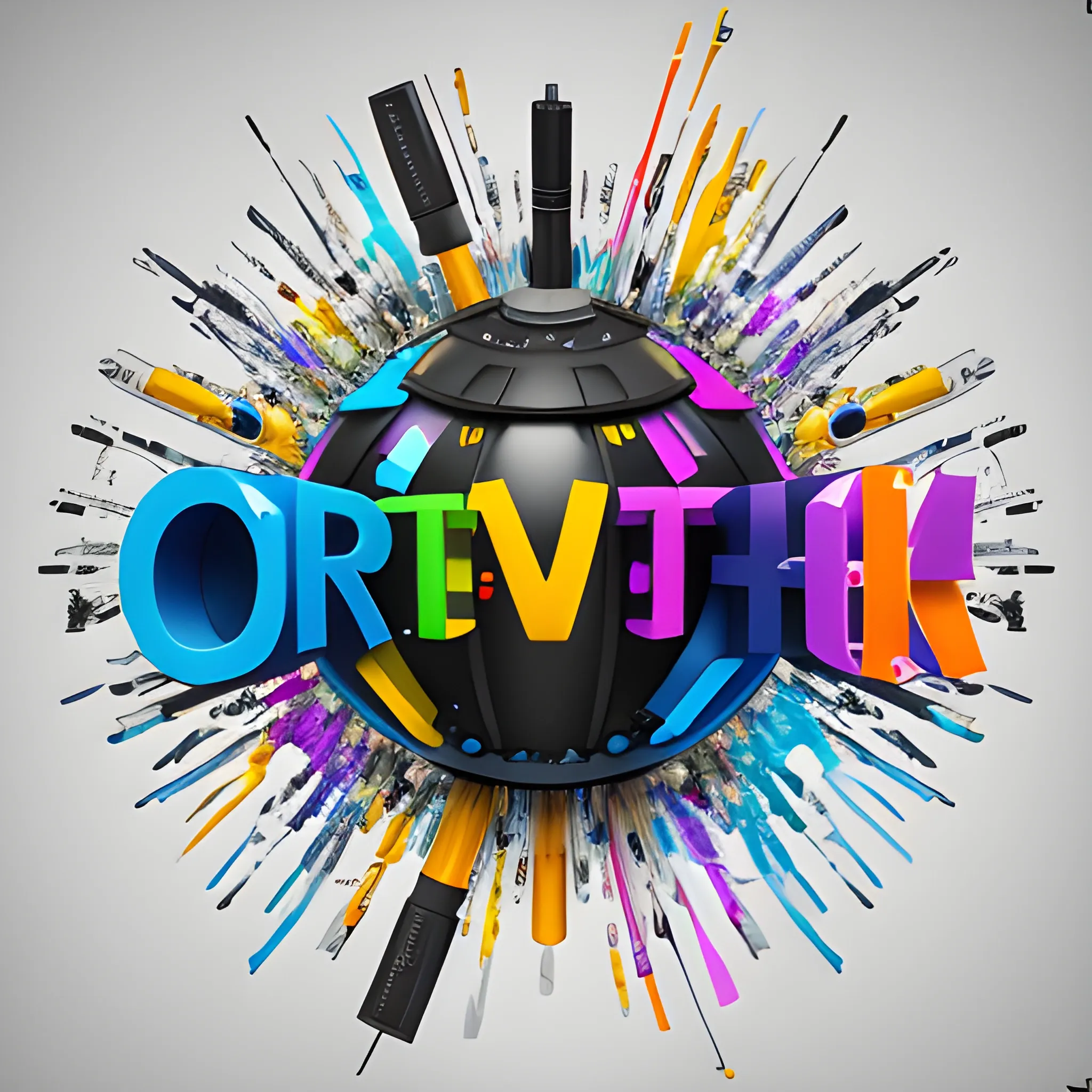 make the word CREATIVITY in huge bold font mixing different Design elements and tools, include: spray cans, computer mouse, cables, projectors, speakers, hyper-realistic, 8k, highly detailed, global illumination, with drop shadow over white background, 3D