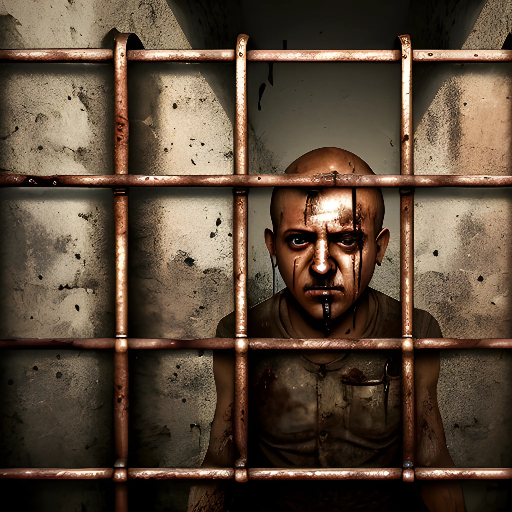 a person behind prison bars. The bars are rusted, the walls of the dungeon are stained and peeling