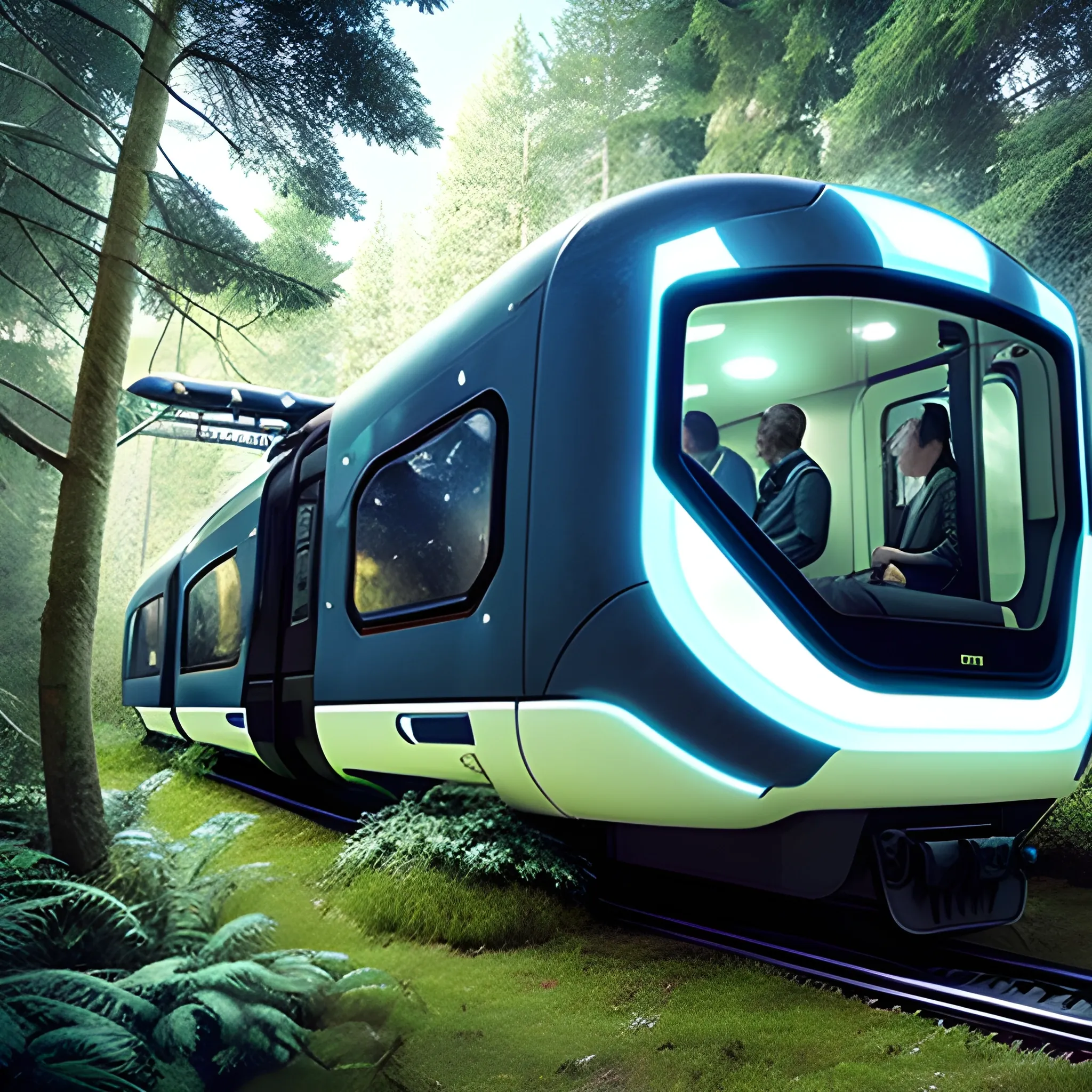 futuristic train in the woods with a lot of people