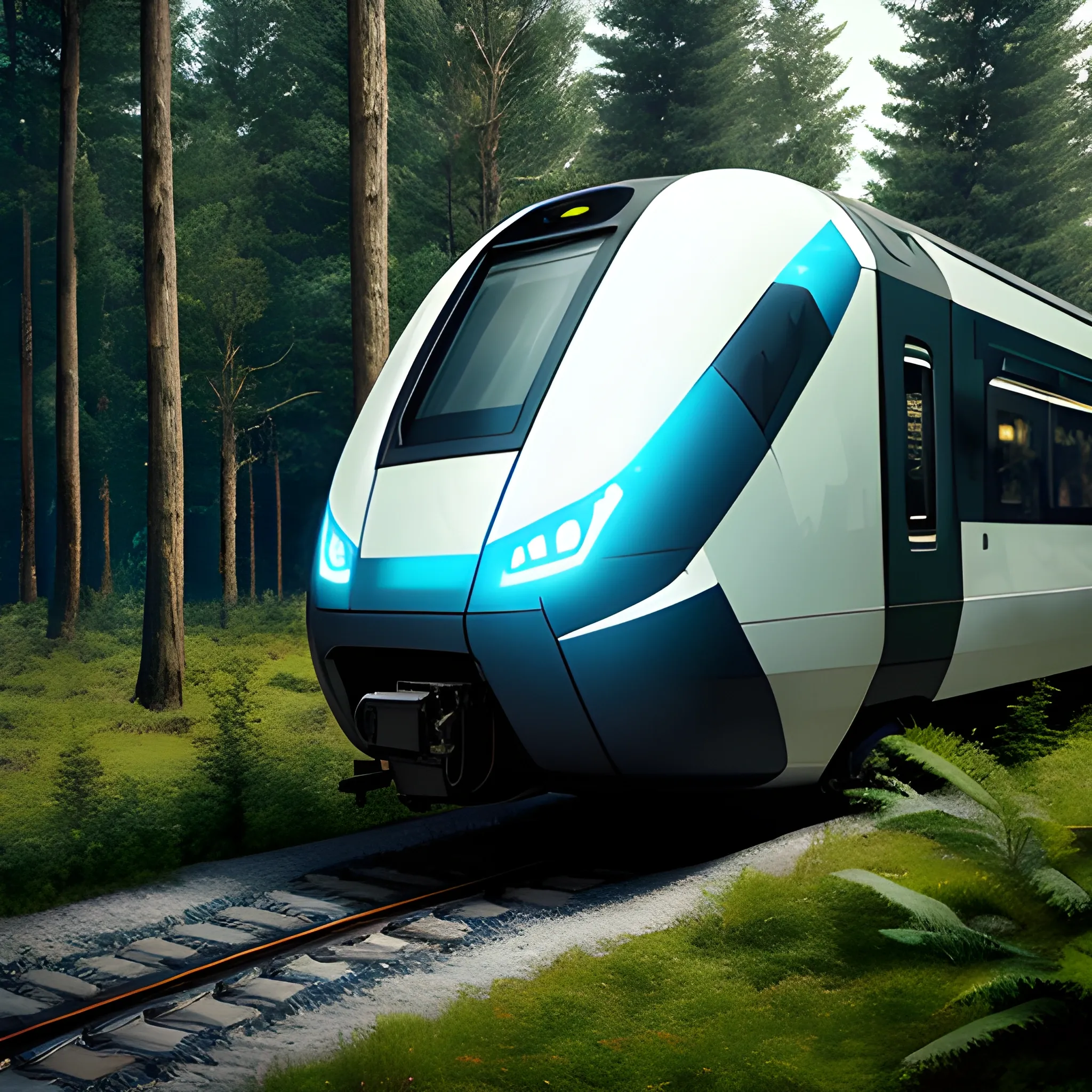 futuristic train in the woods with a lot of people with their faces detailed