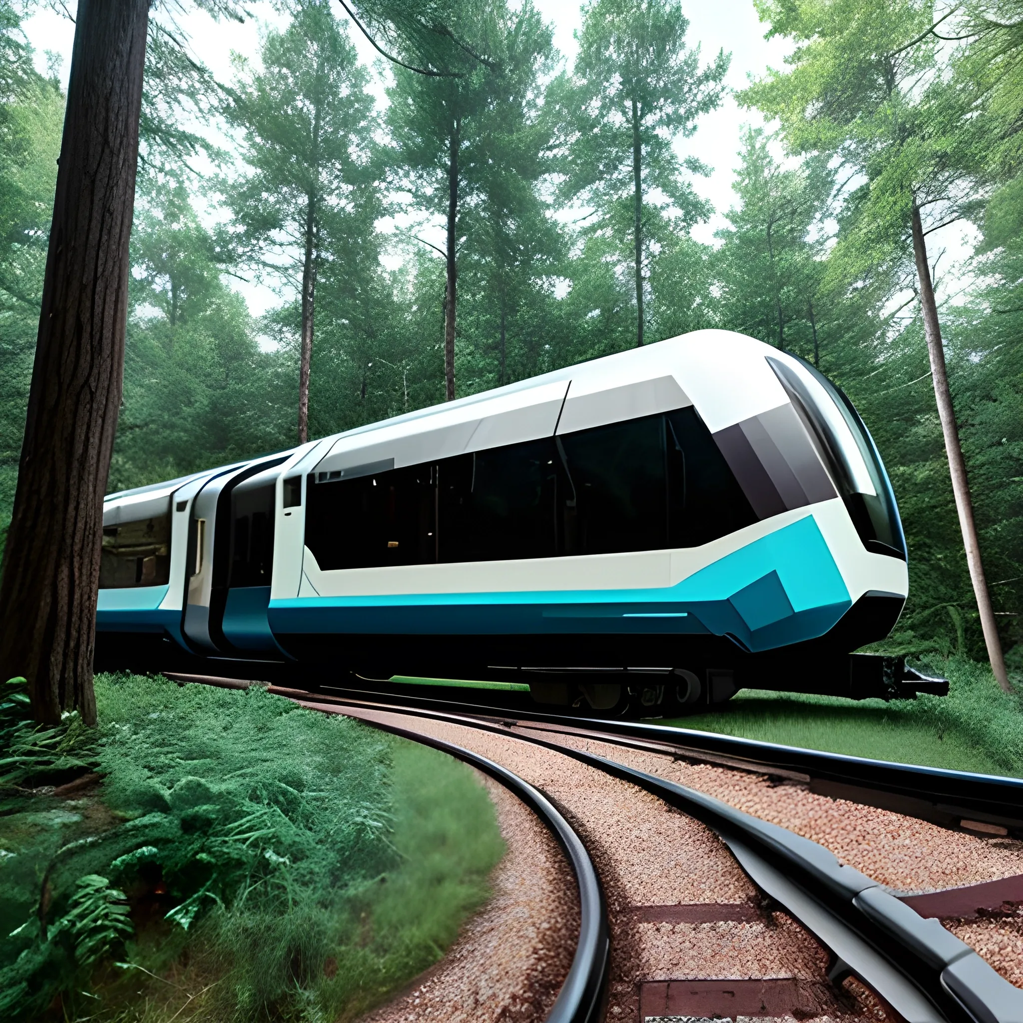 futuristic train in the woods with a lot of people