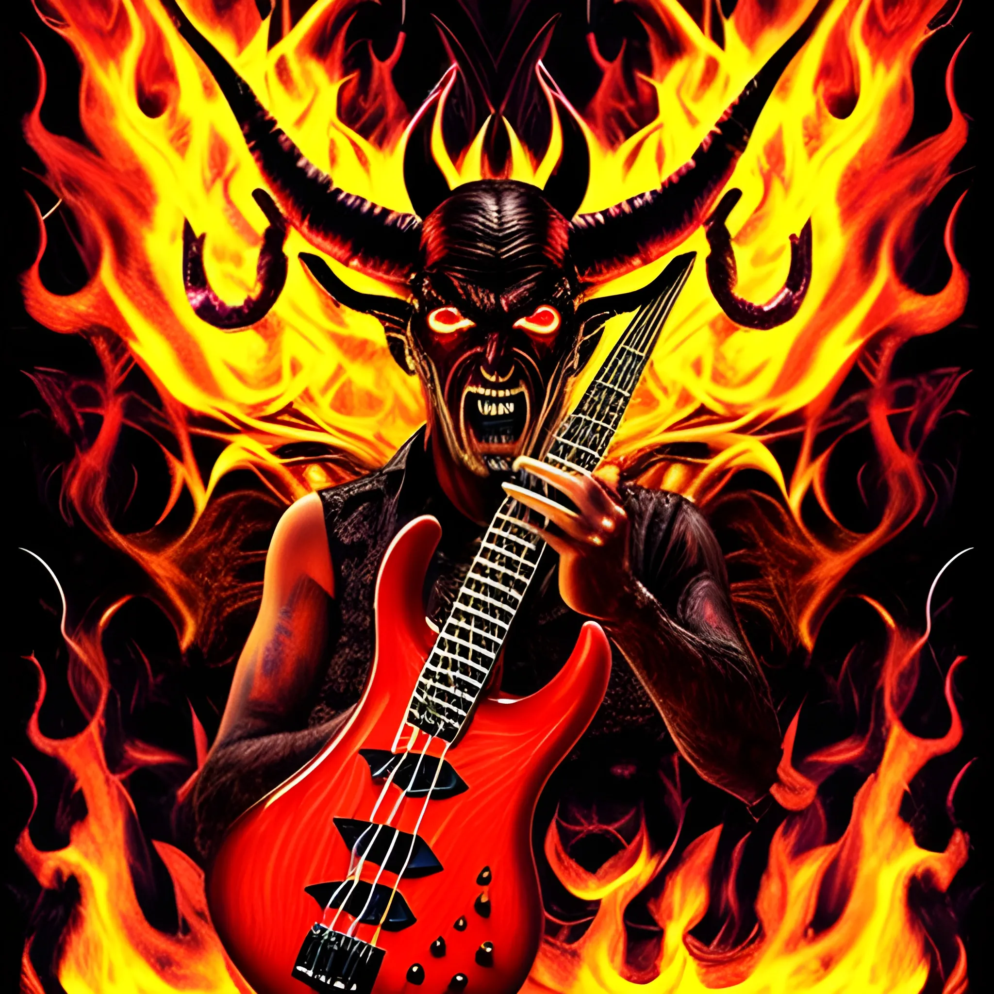 create image of devil playing a five-string electric bass from t ...