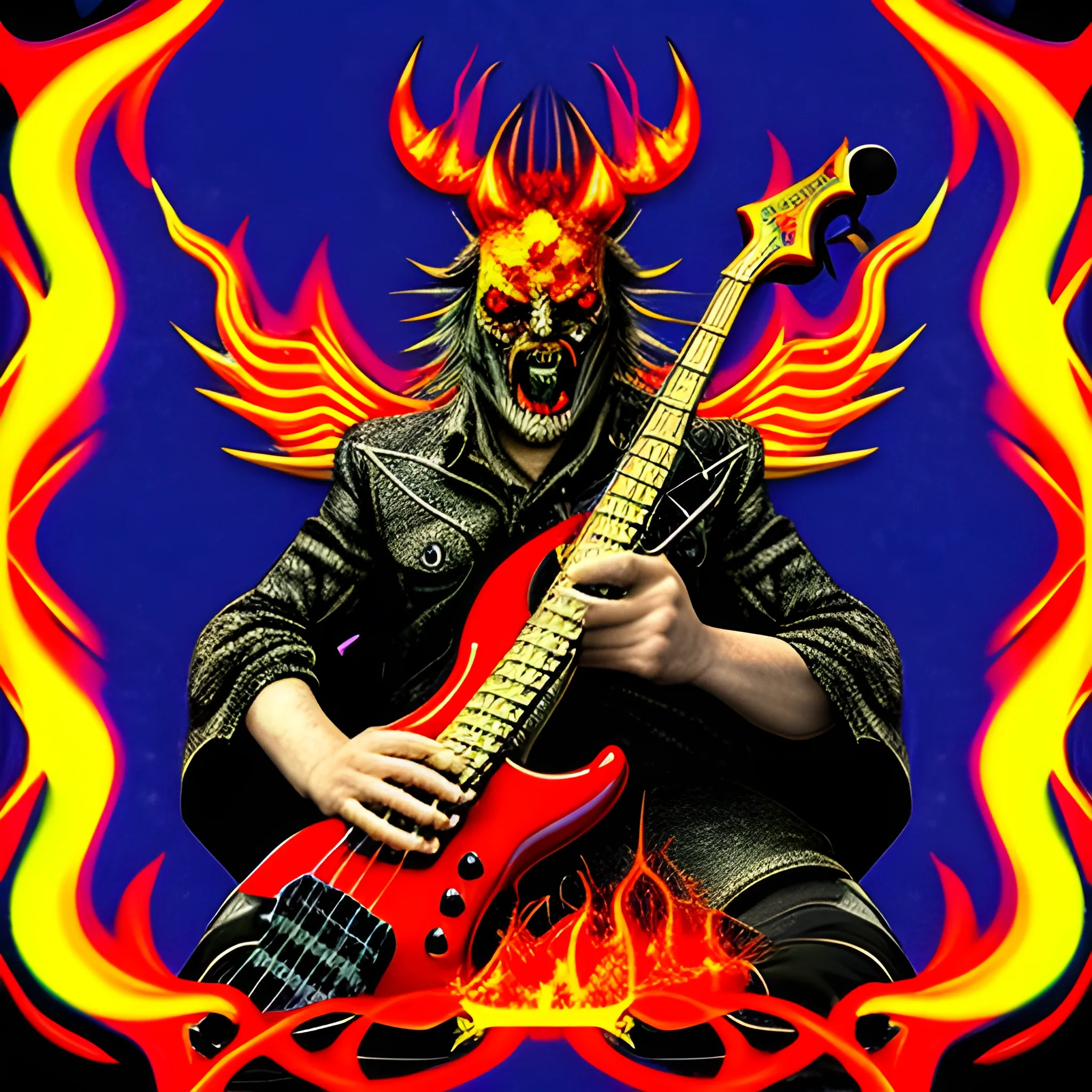 create image of devil playing a five-string electric bass from this image on a burning stage, Trippy