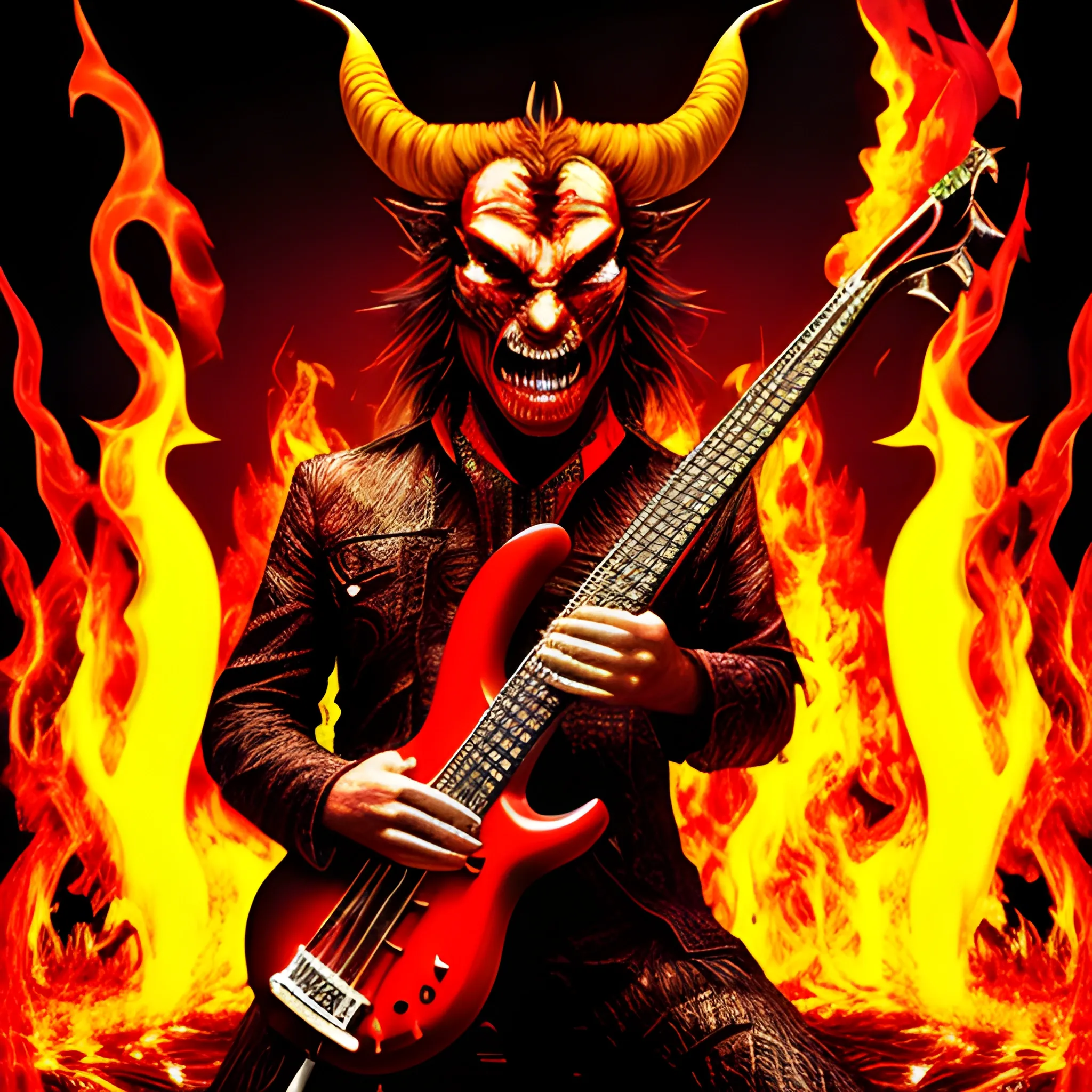 create image realistic of devil playing a five-string electric bass from this image on a burning stage, Trippy, Trippy