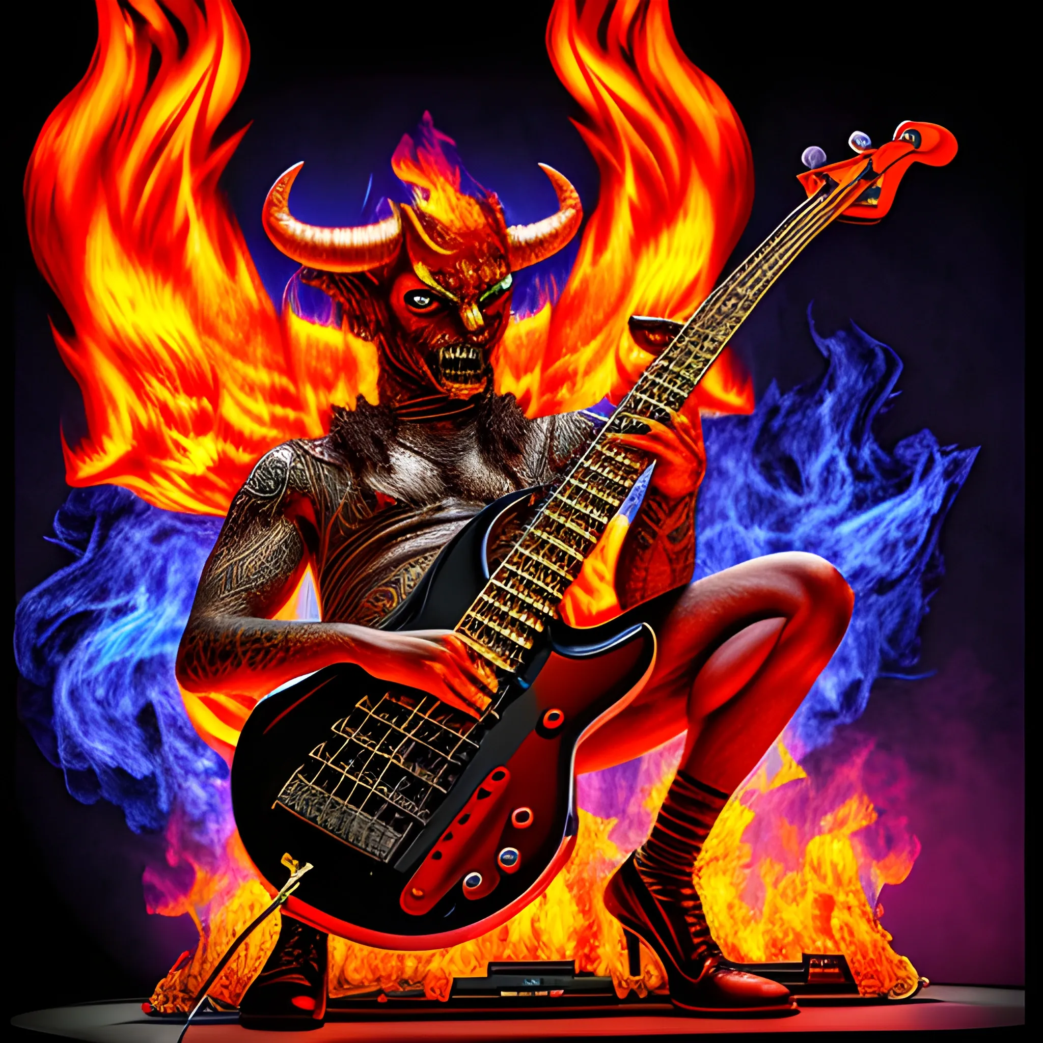 Look1, Trippy create an image from this realistic image of a devil playing a five-string electric bass on a stage with fire