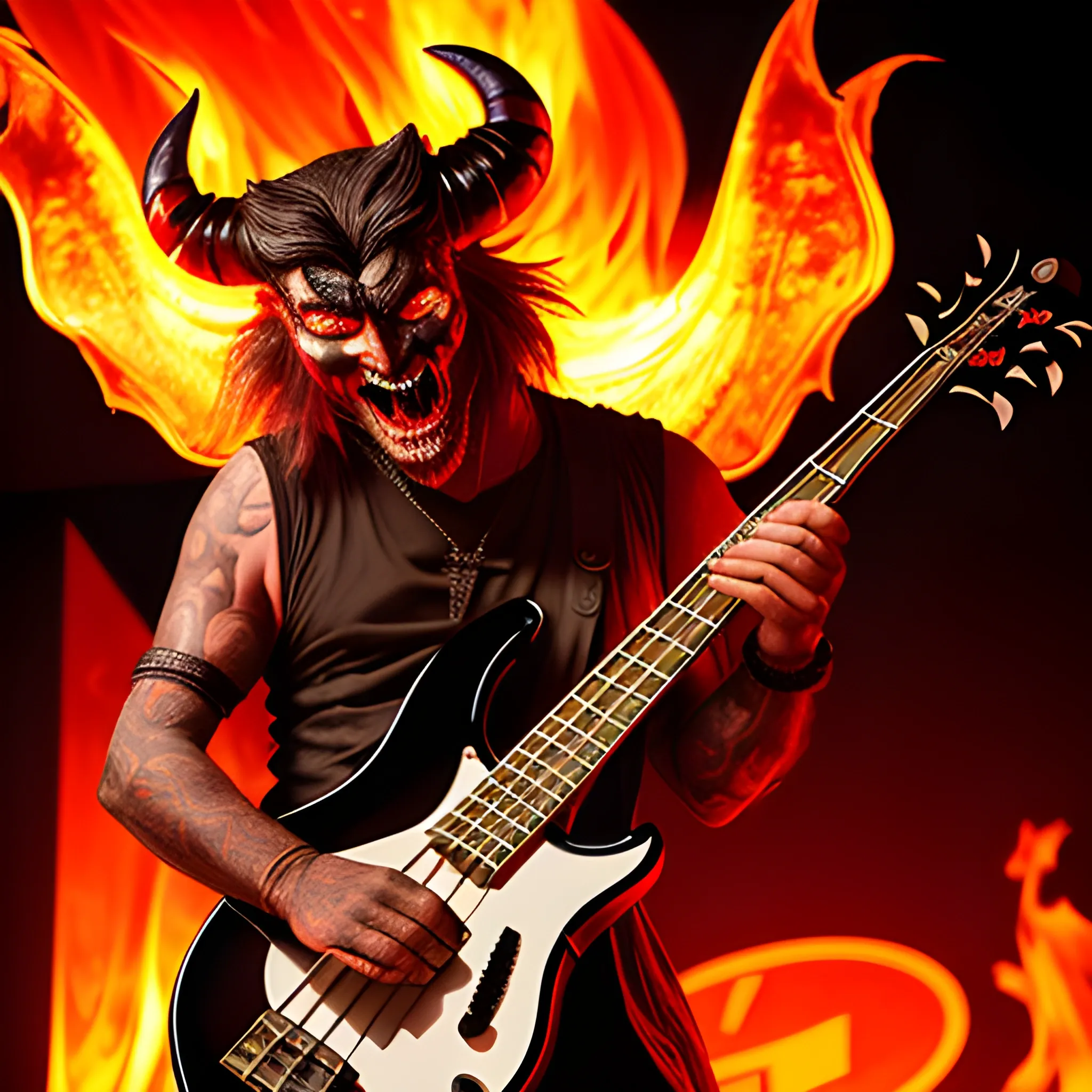 Look1, devil playing a five-string electric bass on a stage with fire