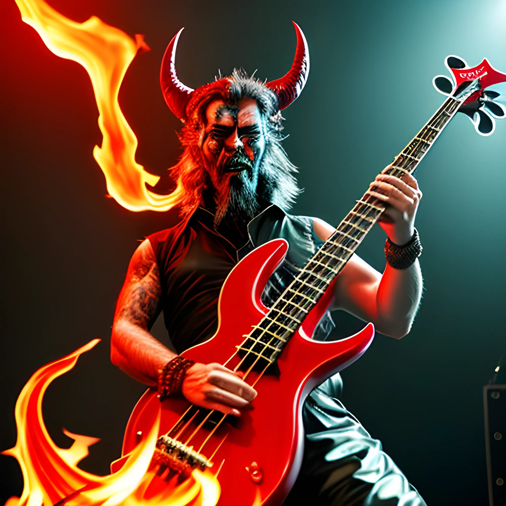 Look1, devil playing a five-string electric bass on a stage with fire