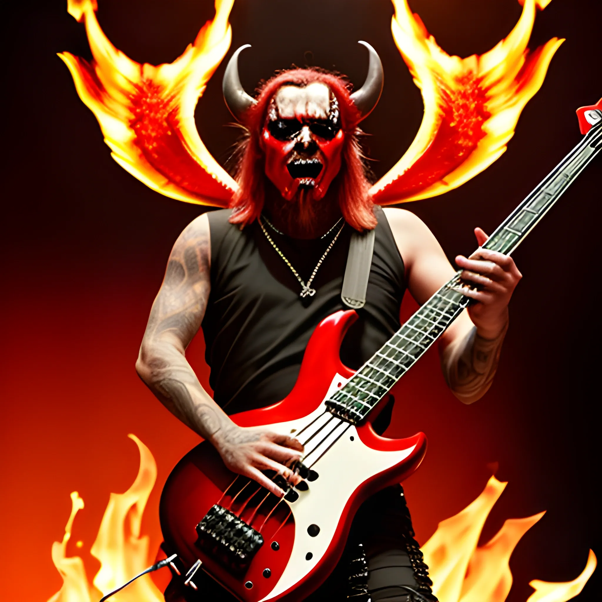 Look1, devil playing a five-string electric bass on a stage with fire