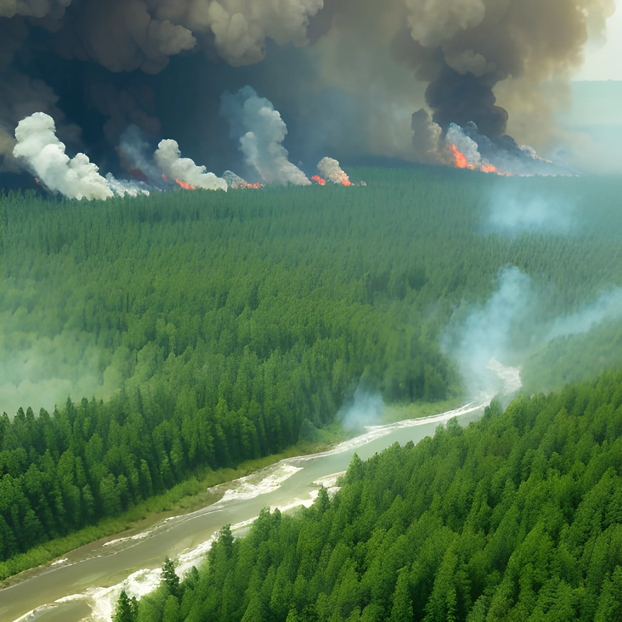 Green forest river and forests Burning 