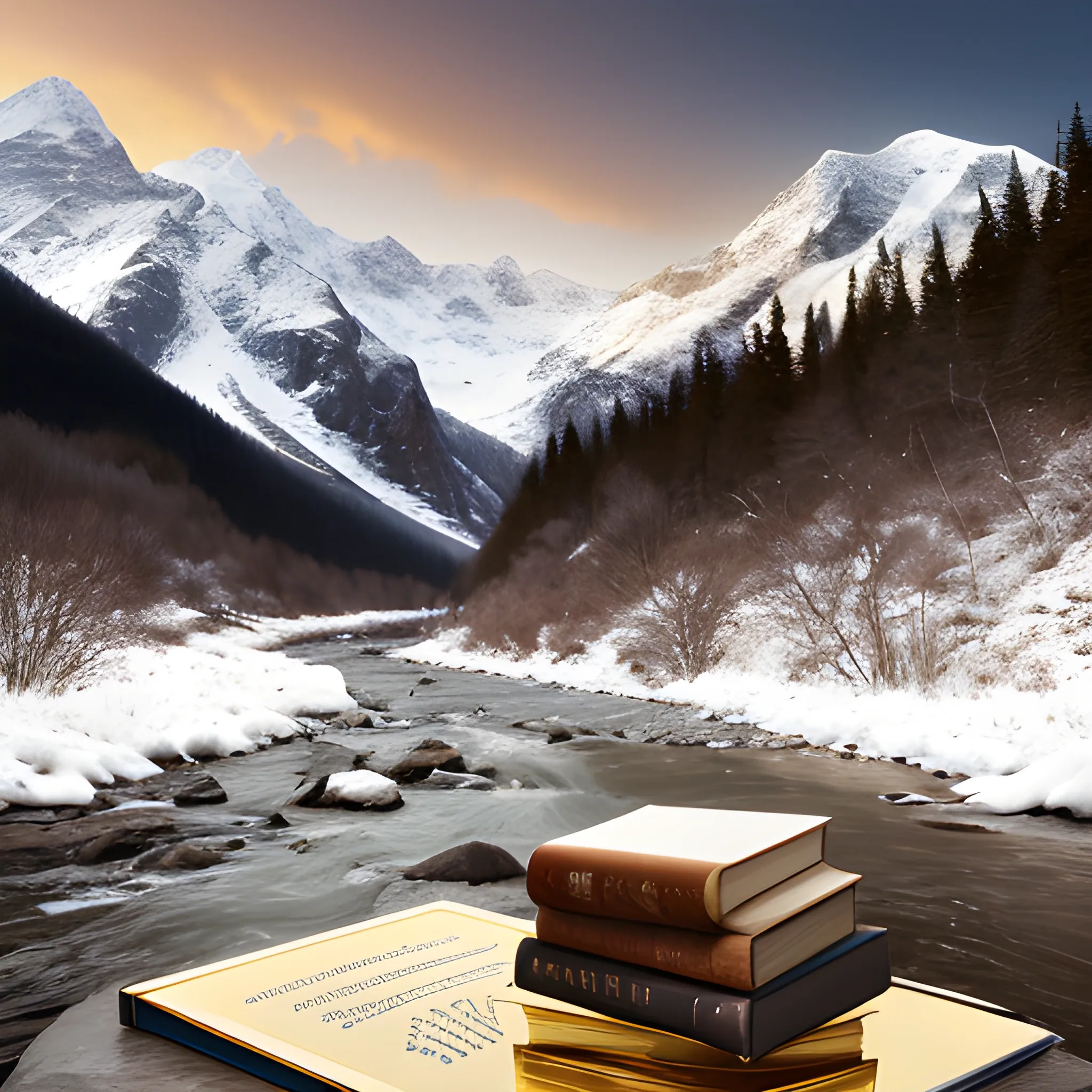 Mountain,  river,  gold , book , snow 