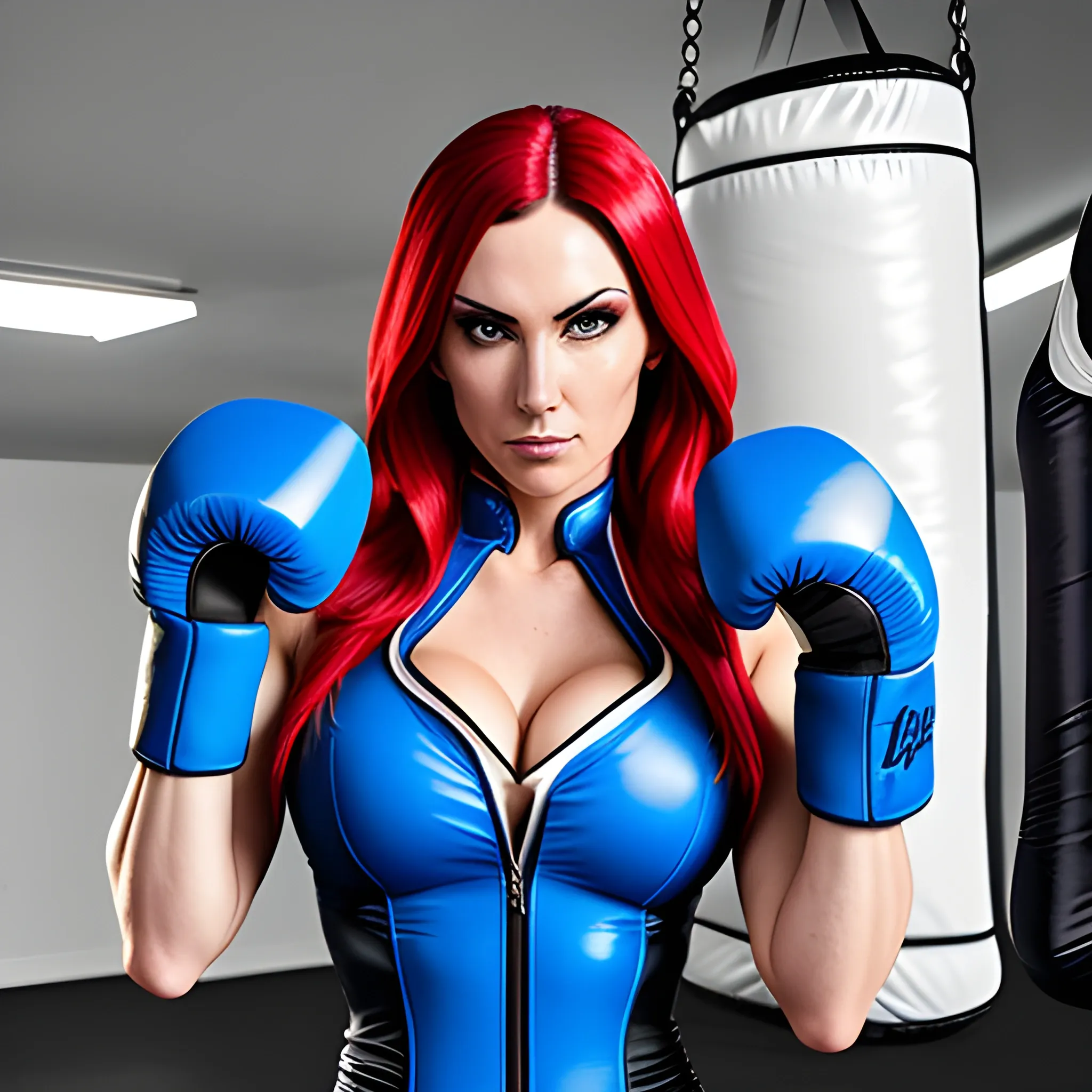 A girl is wearing a blue cosplay suit, she is wearing boxing gloves in a boxing gym, ultra high definition quality