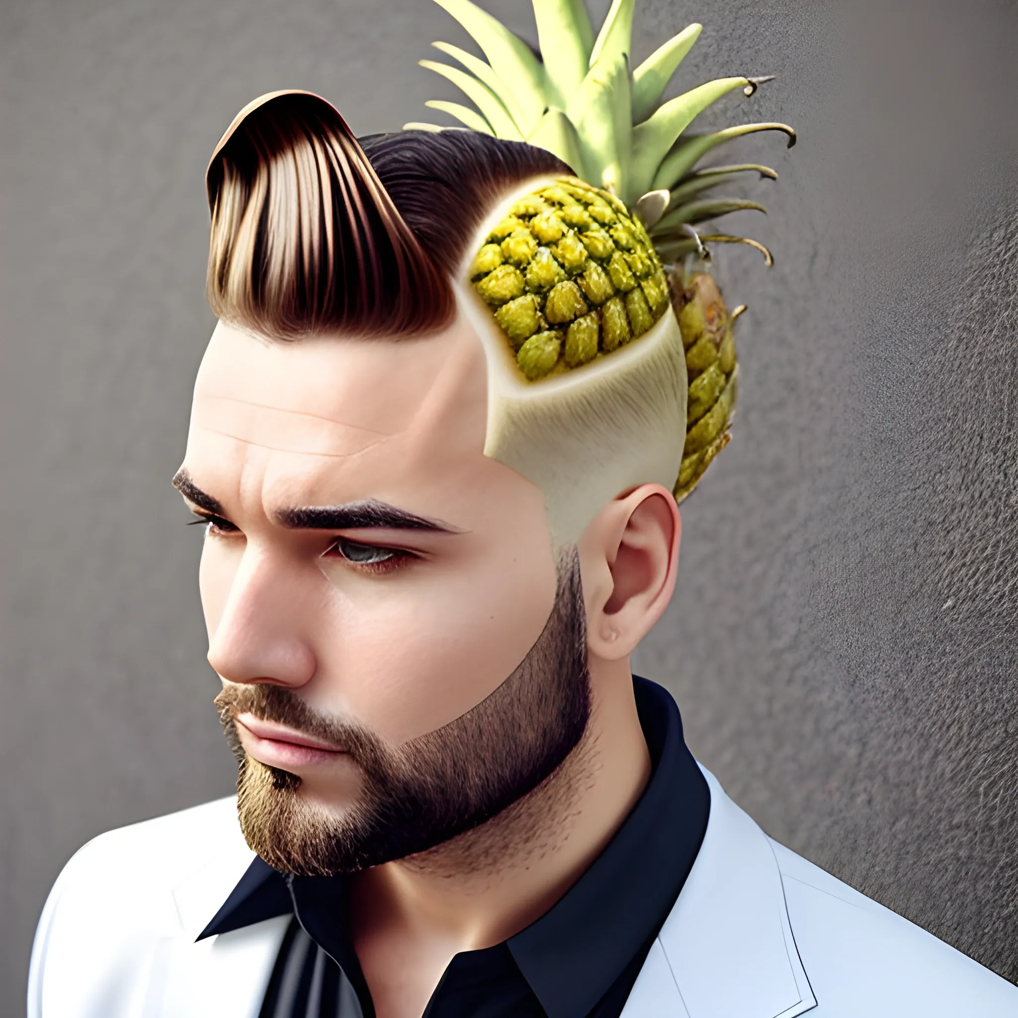 man with pineapple hairstyle wears borshch suite 