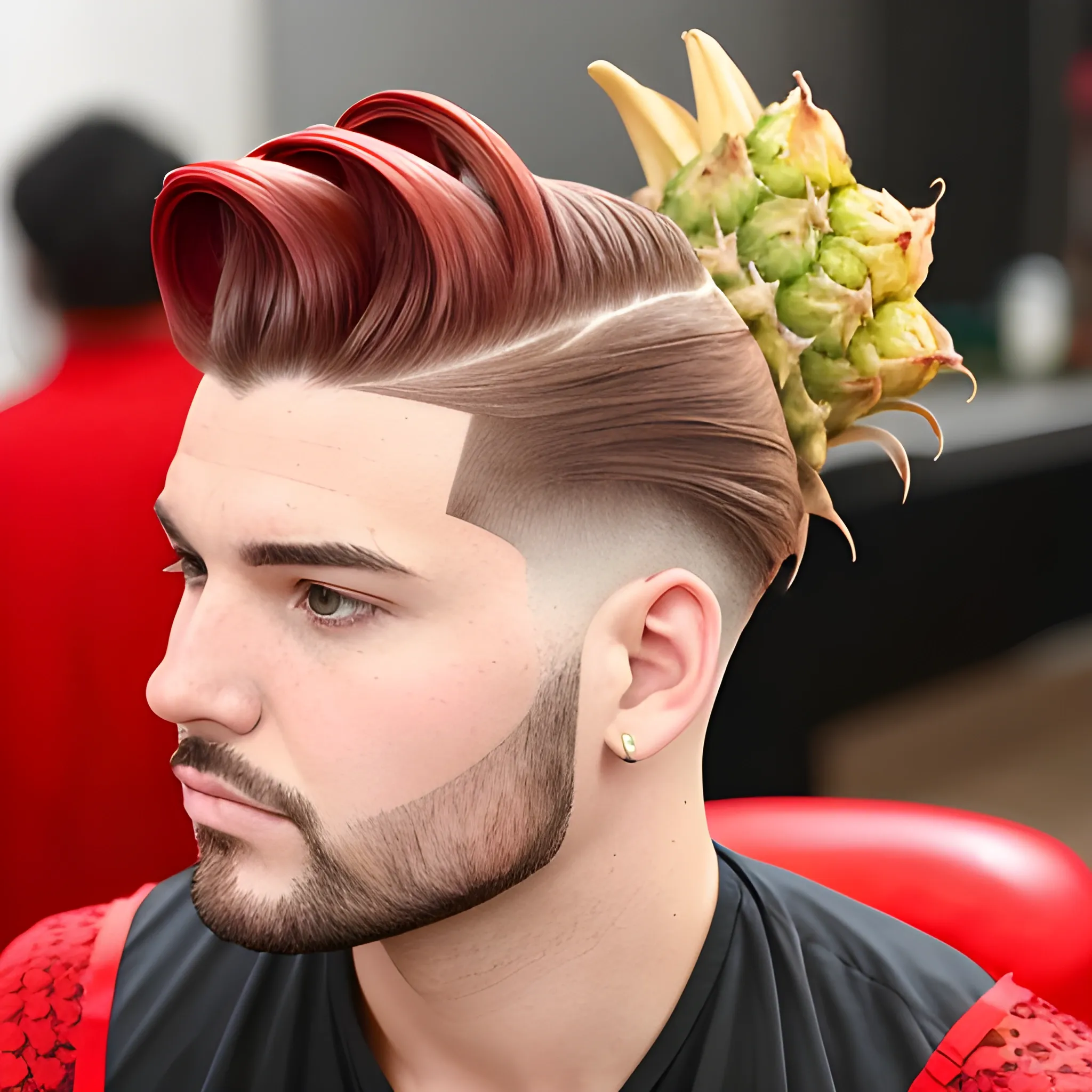 man with pineapple hairstyle wears red suite 