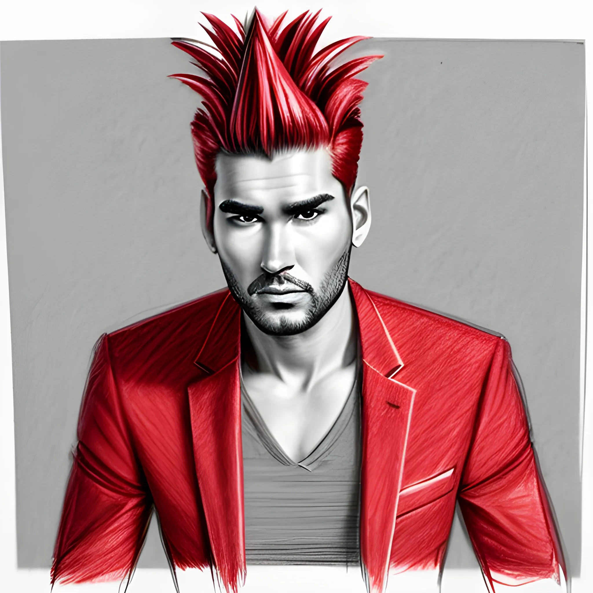 man with pineapple hairstyle wears red suite , Pencil Sketch