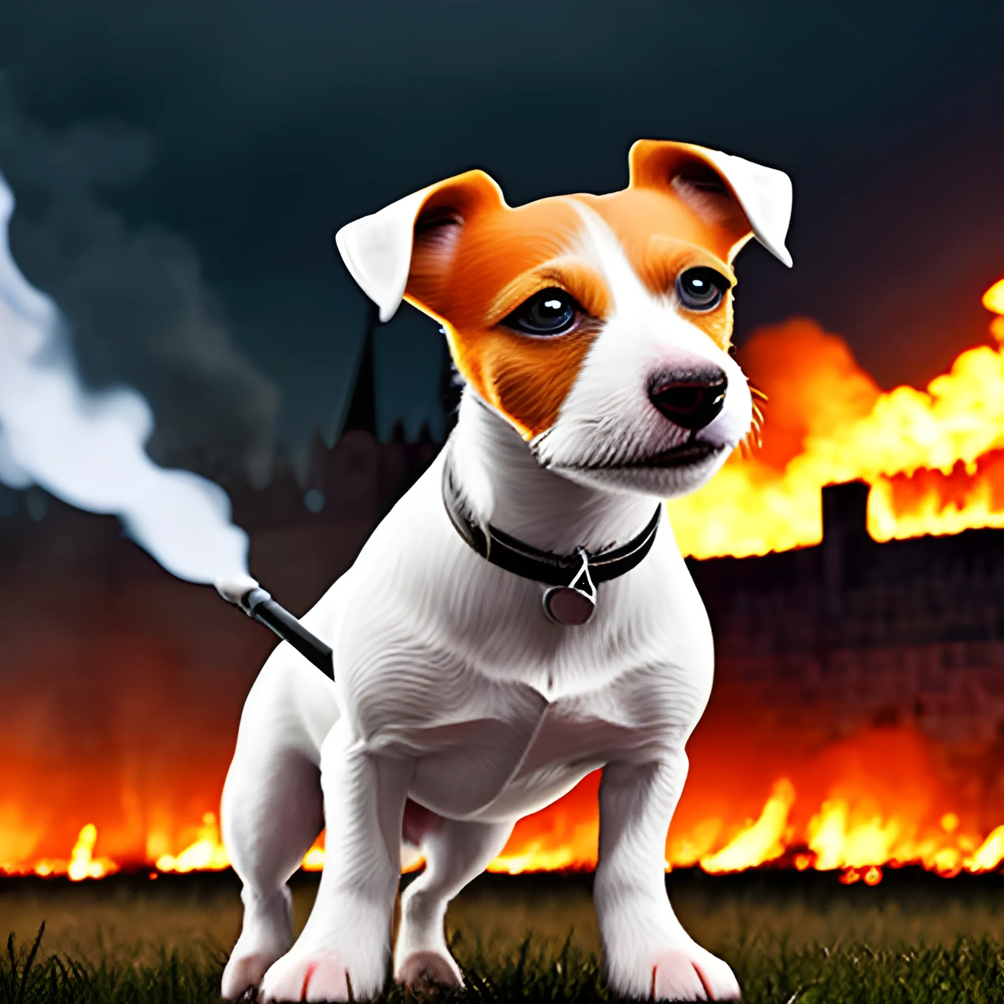 ukrainian jack russel terrier sets the Kremlin on fire, hyperrealistic, camerashot at night