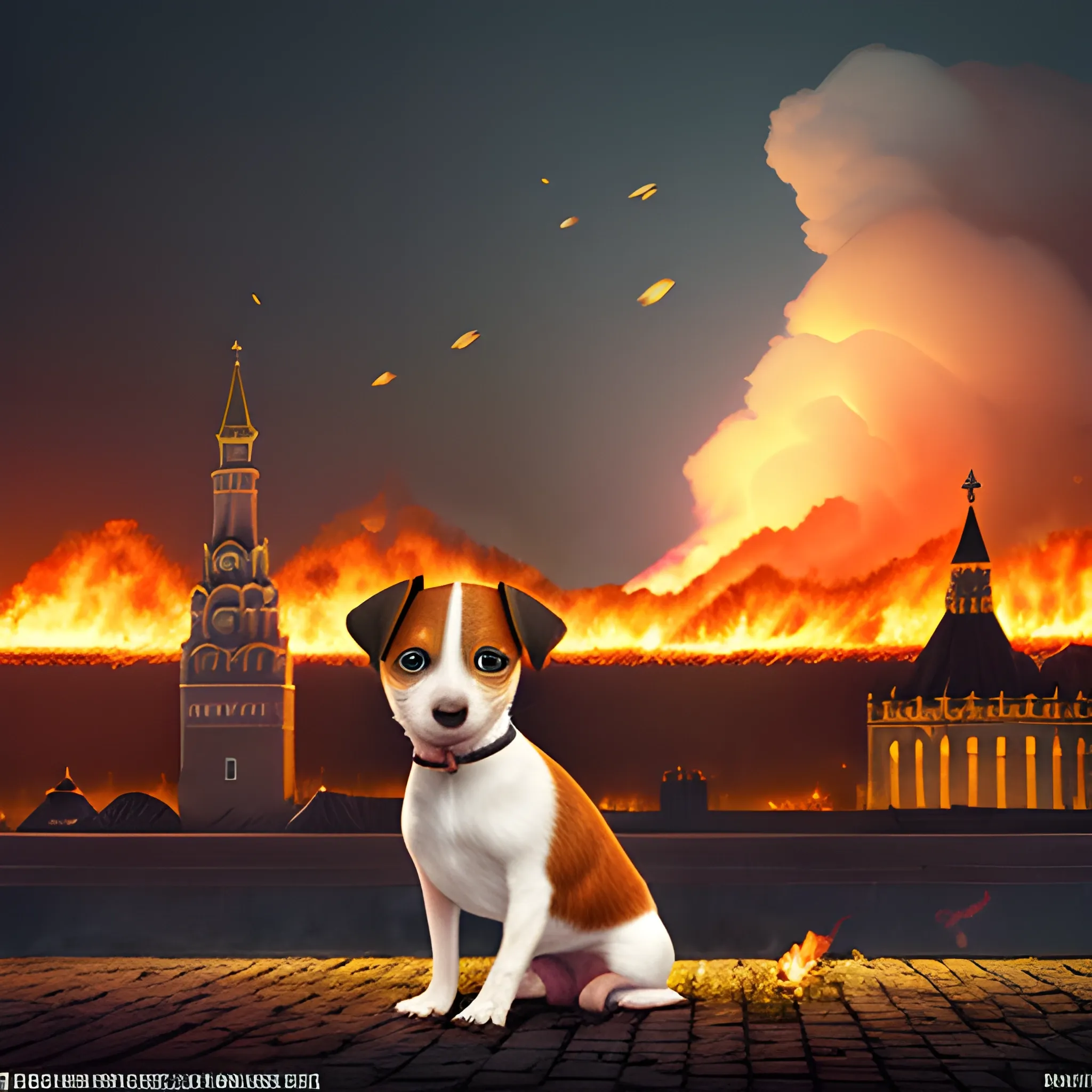 ukrainian jack russel terrier sets the Kremlin on fire, hyperrealistic, camerashot at night, detailed backgound