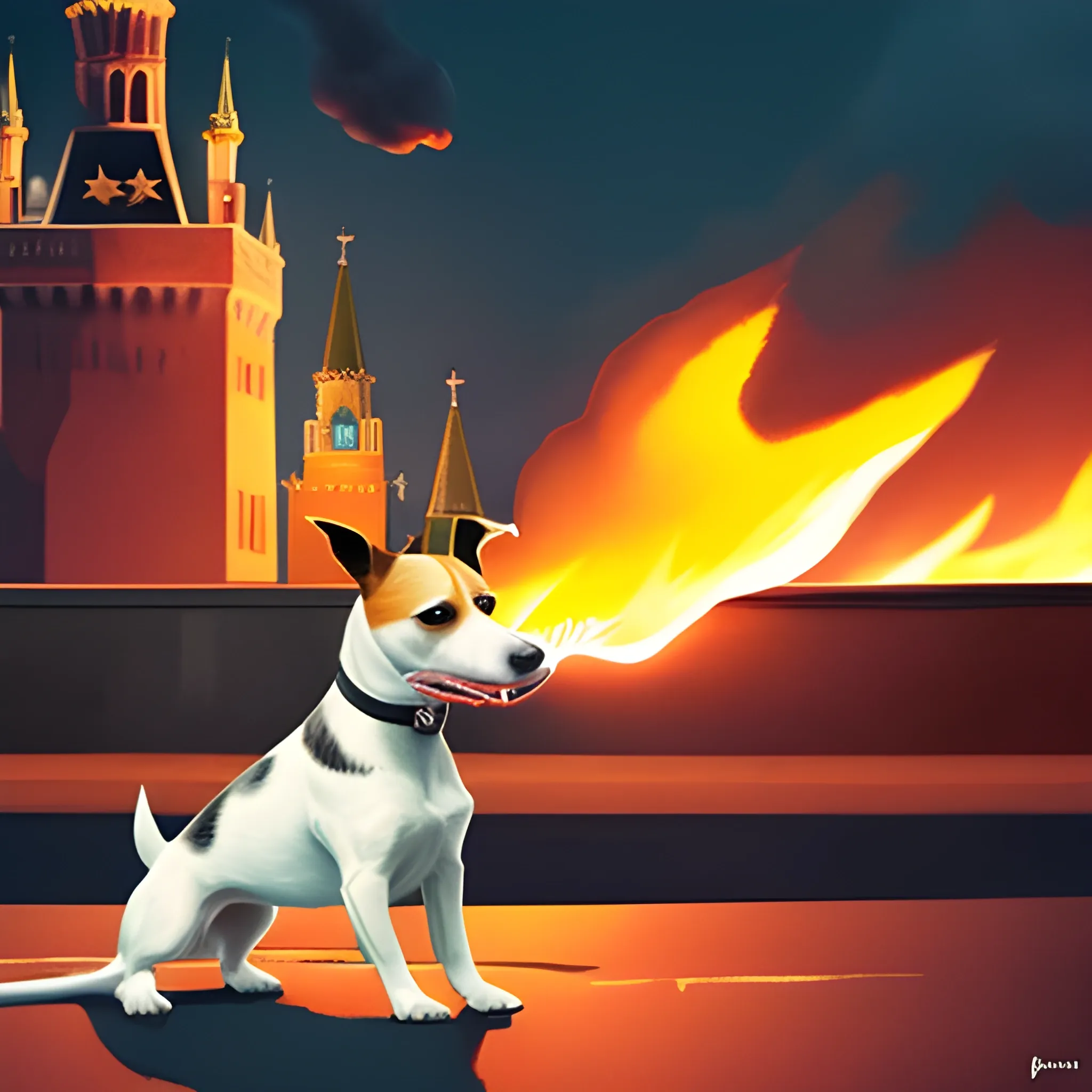 ukrainian jack russel terrier sets the Kremlin on fire, hyperrealistic, camerashot at night, detailed backgound, has molotov coctain in its mouth