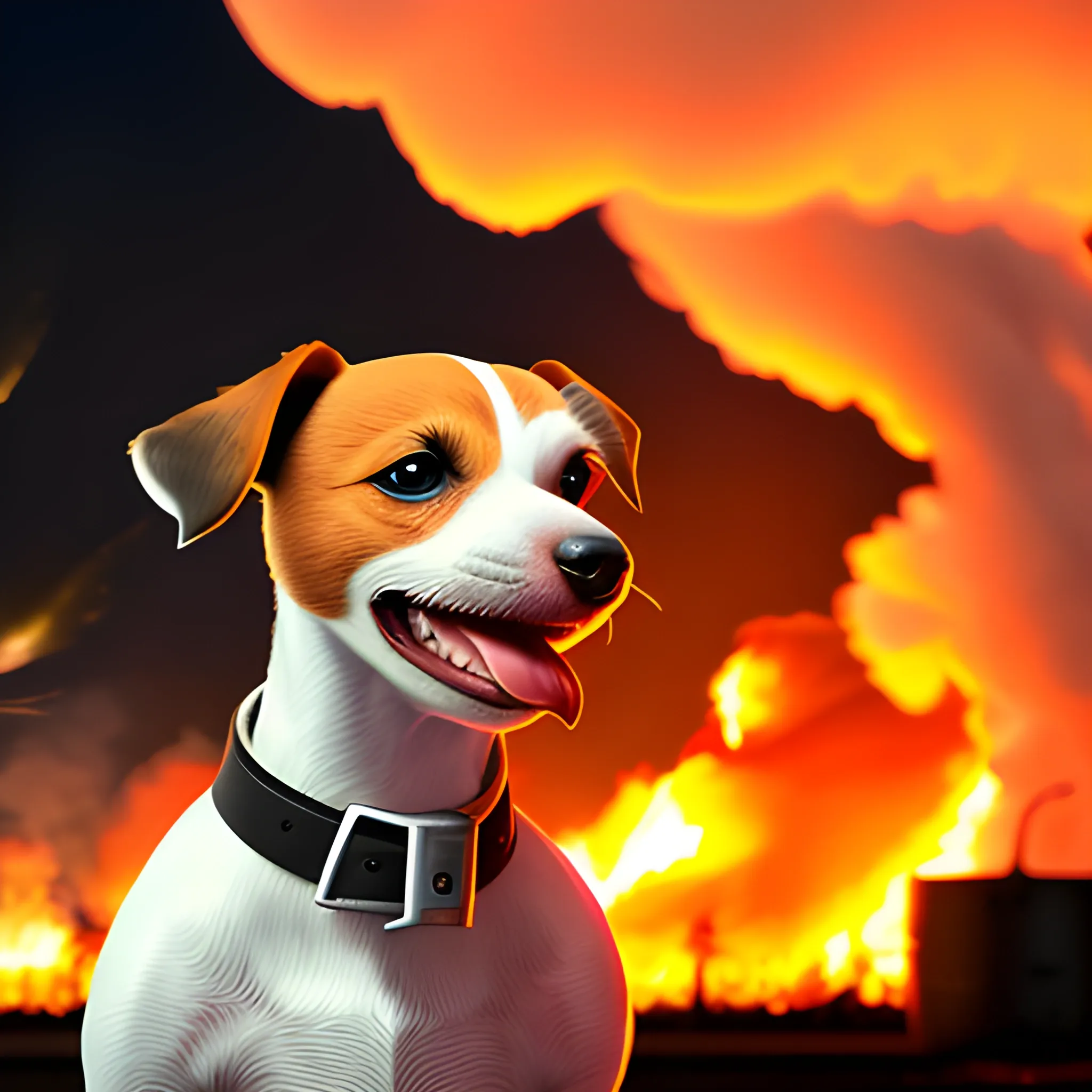 ukrainian jack russel terrier sets the Kremlin on fire, hyperrealistic, camerashot at night, detailed backgound, has molotov coctain in its mouth