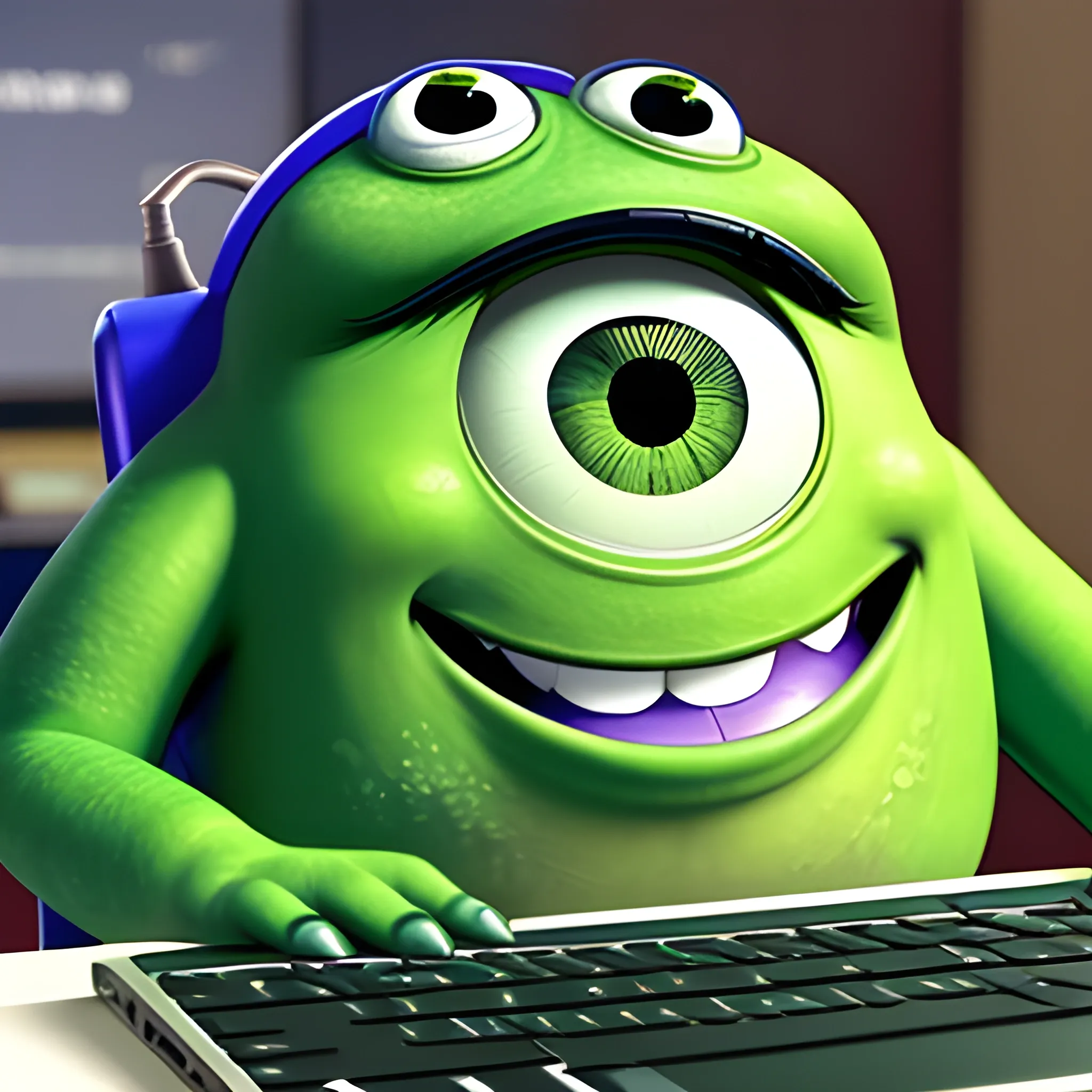 green one eyed monster from "monster inc." movie works at support looking into laptop answer phone call 