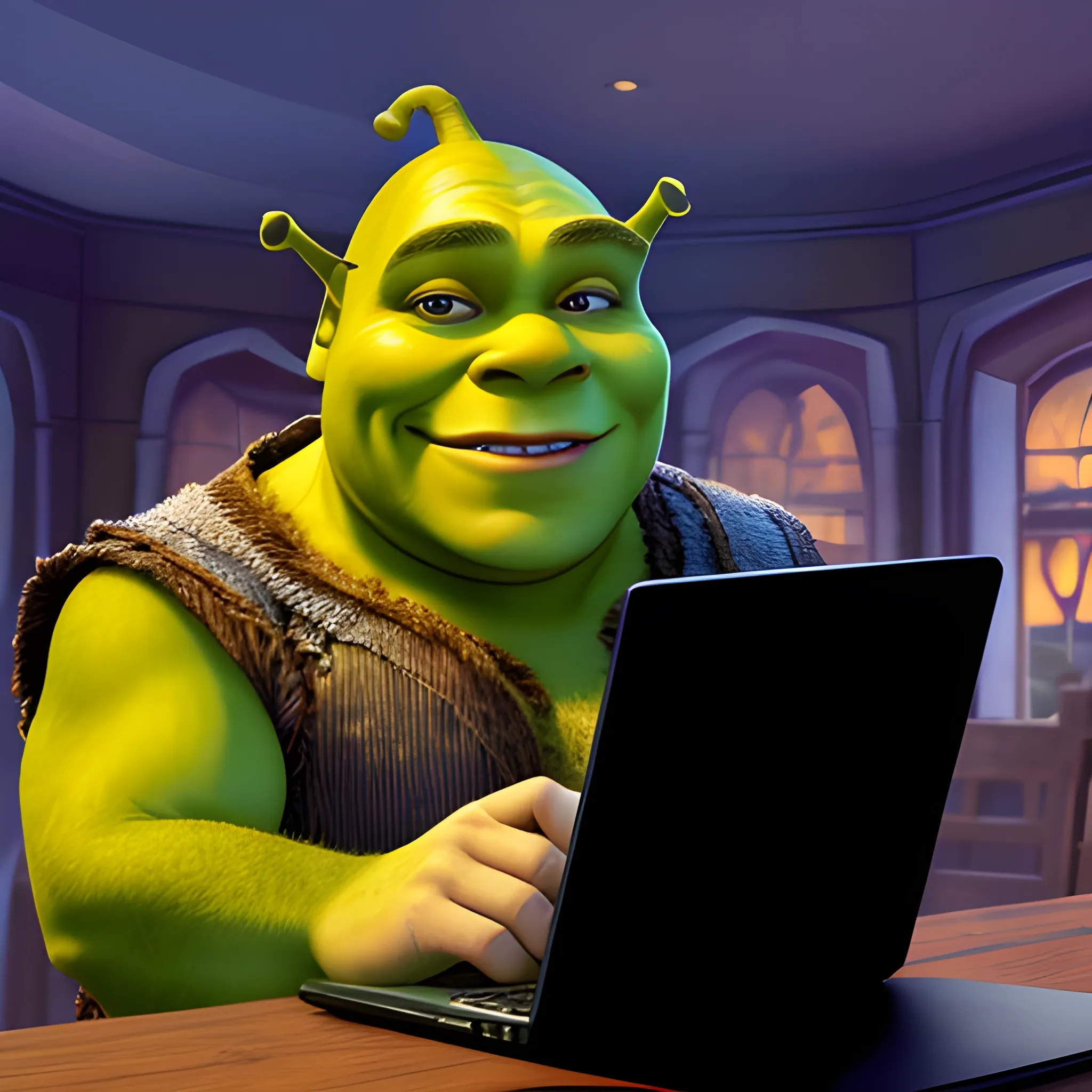 Shrek from "Shrek" movie works at support looking into laptop answer phone call