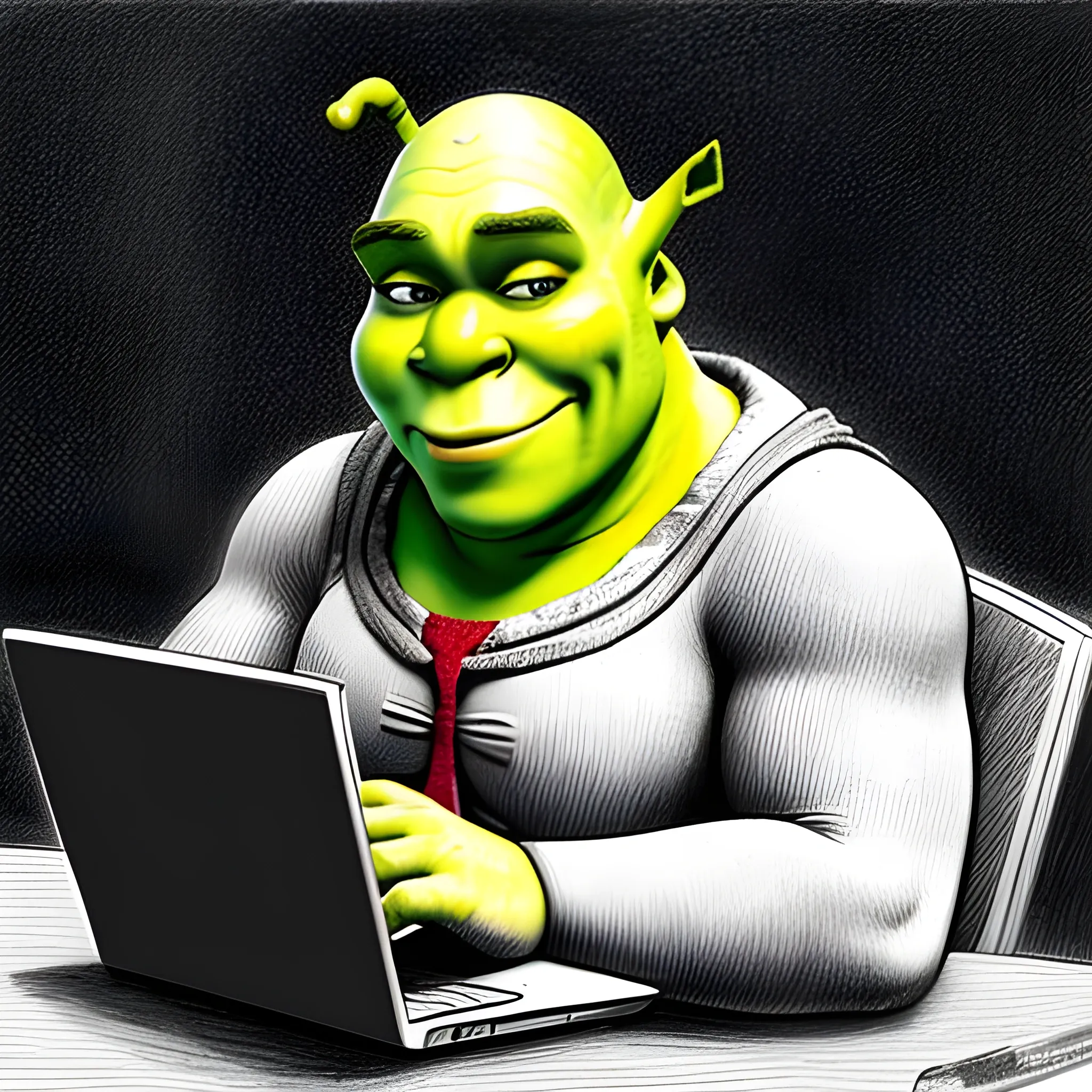 Shrek from "Shrek" movie works at support looking into laptop answer phone call, Pencil Sketch, Cartoon