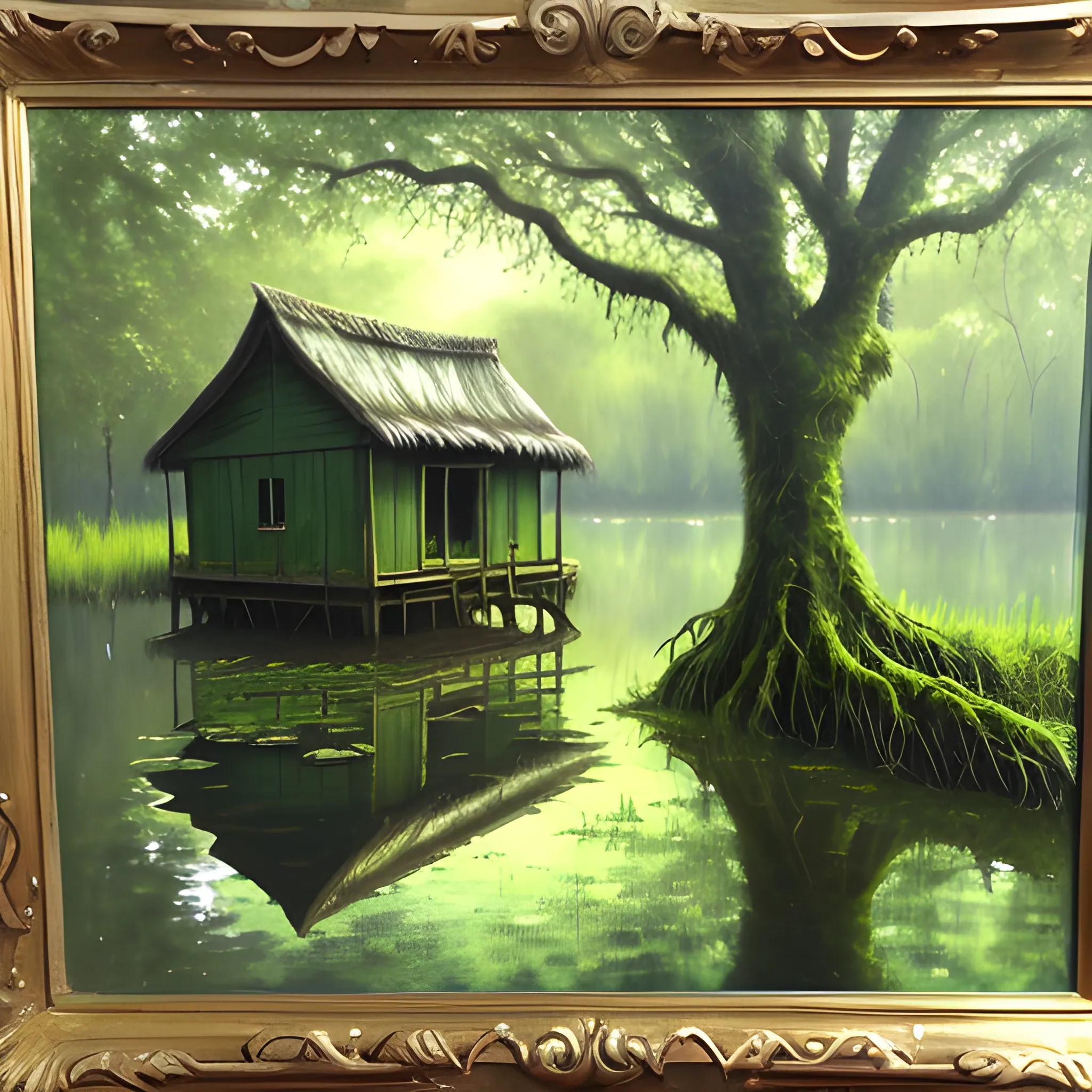 really dark green, swamp, with a hut and a big tree, green sun at the top and mirror in water, Oil Painting