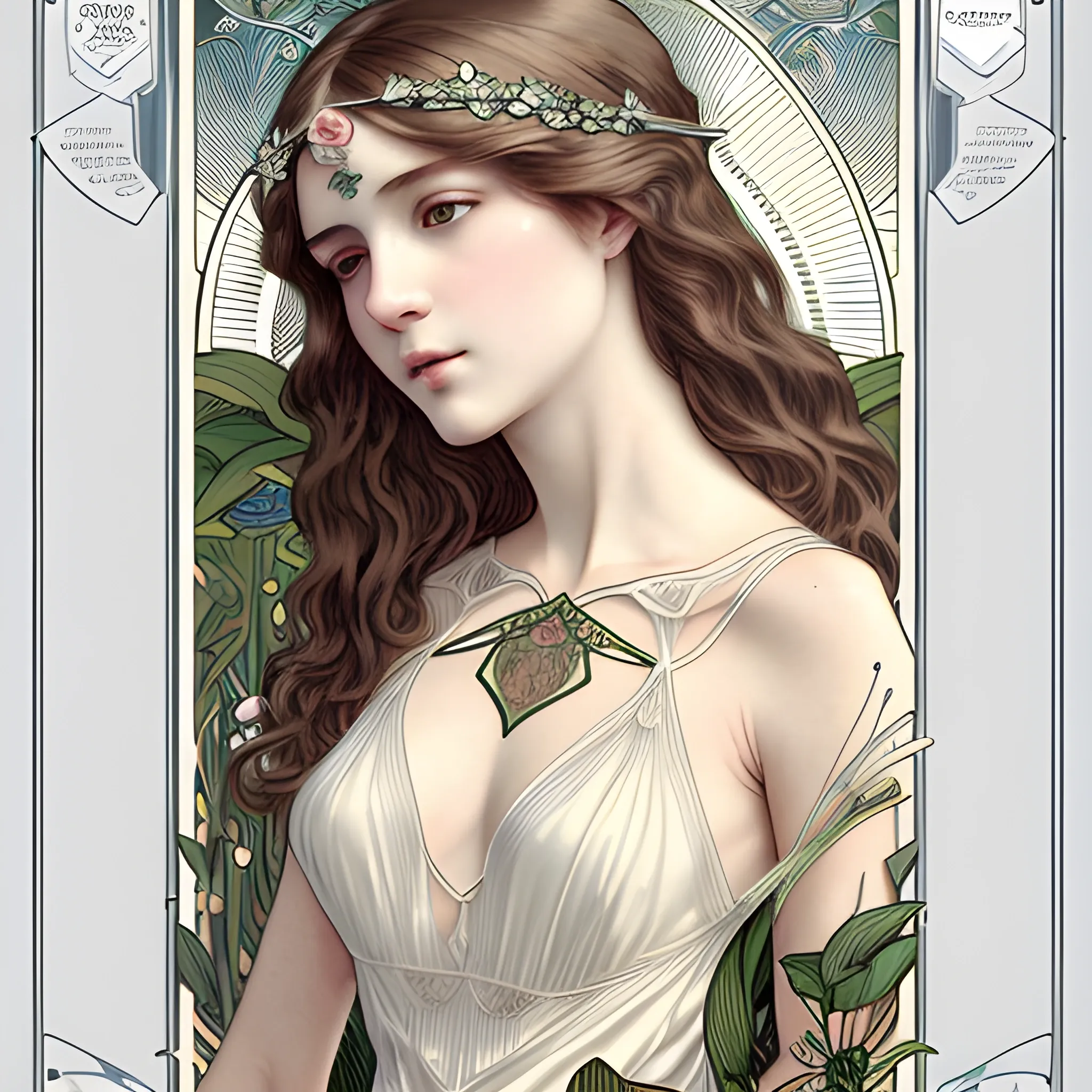 ((top-quality,8K,masterpiece:1.3)),Delicate face,Delicate frame,Delicate long hair,MUCHA,Art nouveau,Delicate graphic design,tarot card art,(tarot cards:1.5),looking at viewer,Delicate line art, clean line art,beautiful goddess of Plants,(Delicate Knitted deep V-neckline slip white dress)