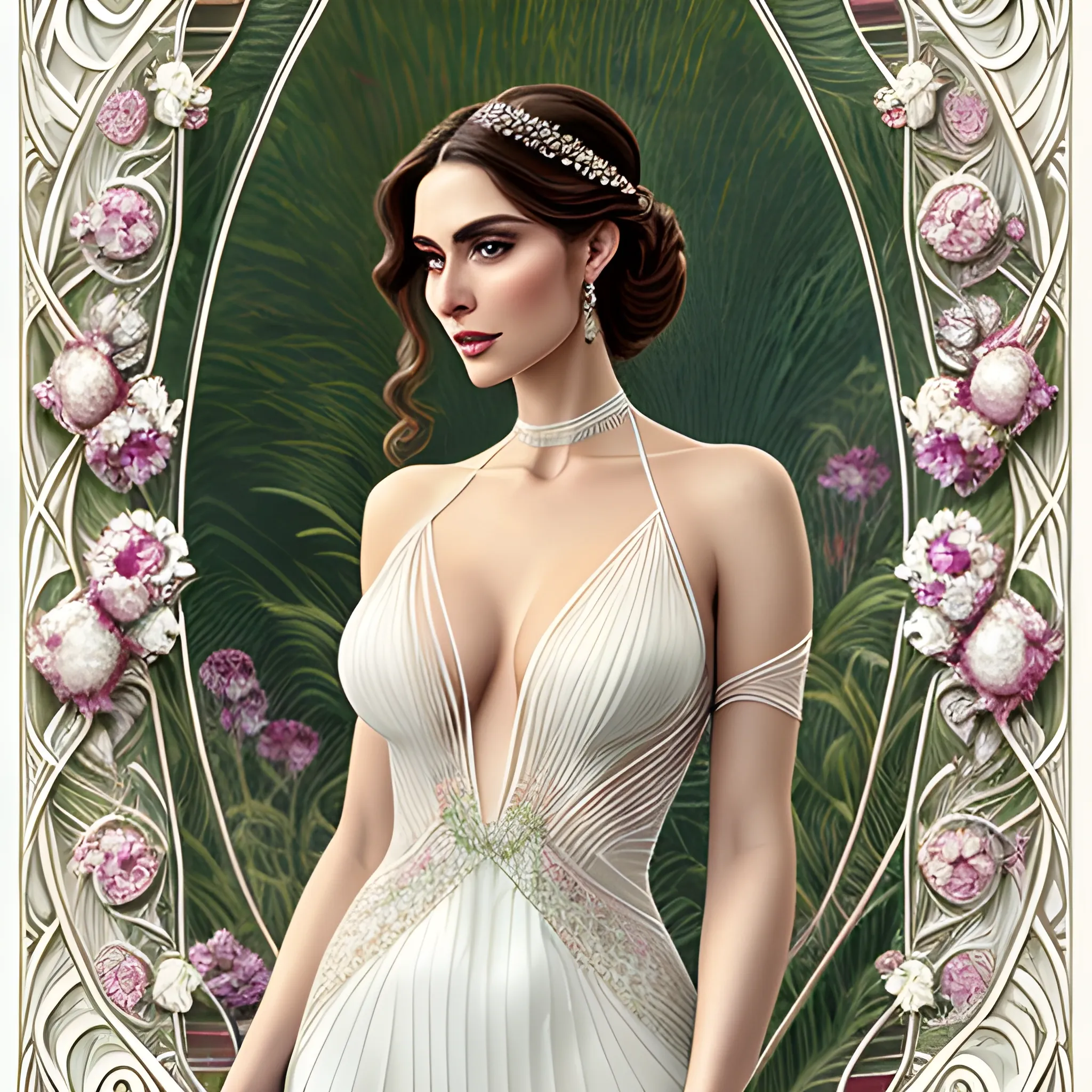 ((top-quality,8K,masterpiece:1.3)),Delicate face,Delicate frame,Delicate long hair,MUCHA,Art nouveau,Delicate graphic design,tarot card art,(tarot cards:1.5),looking at viewer,Delicate line art, clean line art,beautiful goddess of Plants,(Delicate Knitted deep V-neckline slip white dress),A stunningly intricate design,each line and shade expertly crafted to tell a mesmerizing story.Delicate,Beautiful paintingsshowcases the masterful precision of the artist's skill.Every curve,and every minute detail is flawlessly executed,resulting in an award-winning piece that is sure to leave viewers in awe.The design's dynamic composition,flawless execution combine to create a visual masterpiece that is truly deserving of its accolades,Zodiac,Delicate jewelry,Delicate Flowers,Delicate Plants,Delicate dress,Gorgeous Curves,official art,unity 8k wallpaper,ultra detailed,Dynamic Pose,Staring Intently,white background,sheer garment,go outside the frame,14 years old,Patricia Mara