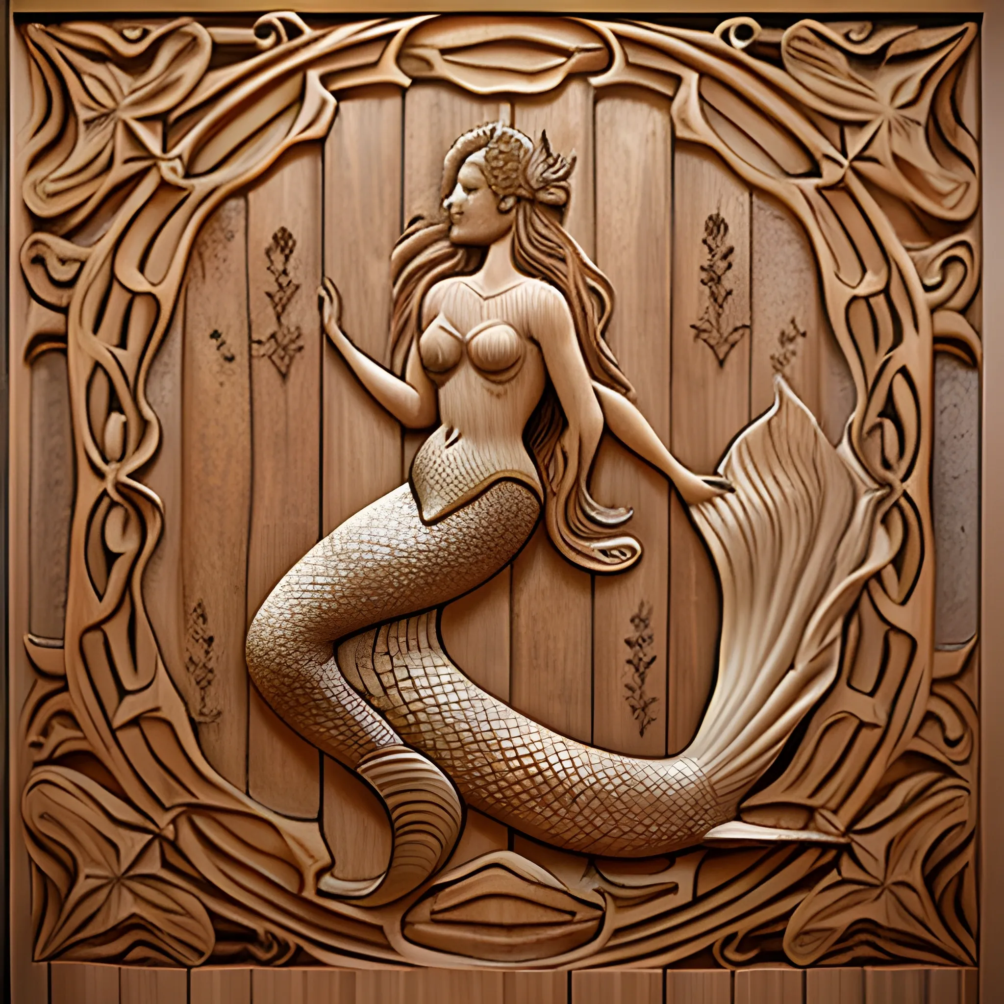 mermaid in carved wooden backdrop panel, 3D
